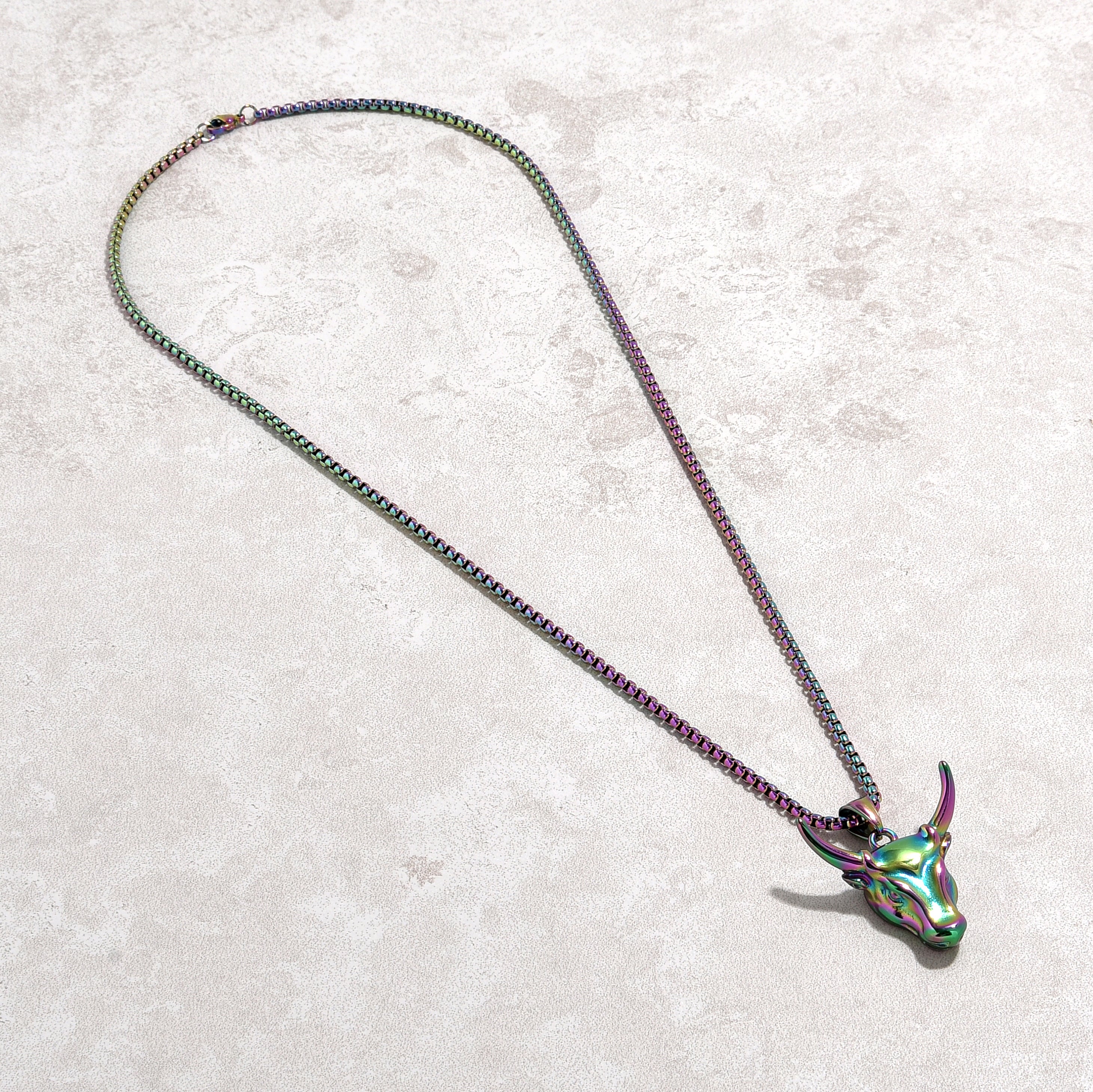 Aurora Borealis Bull Head Steel Hearts Necklace