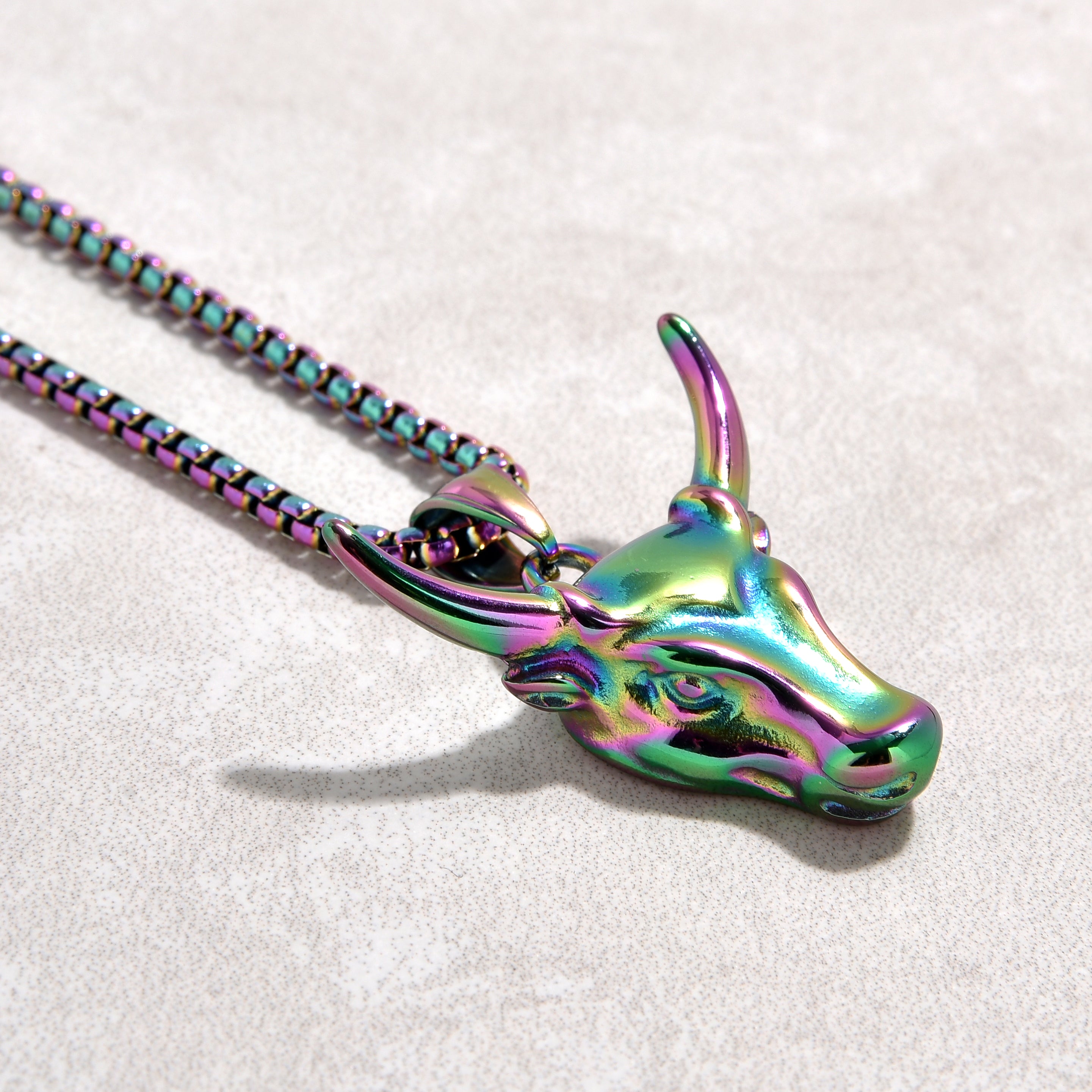 Aurora Borealis Bull Head Steel Hearts Necklace