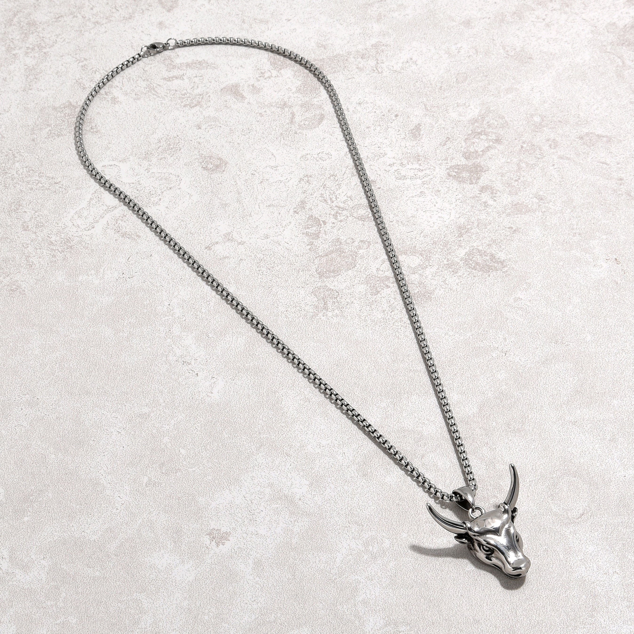 Silver Bull Head Steel Hearts Necklace