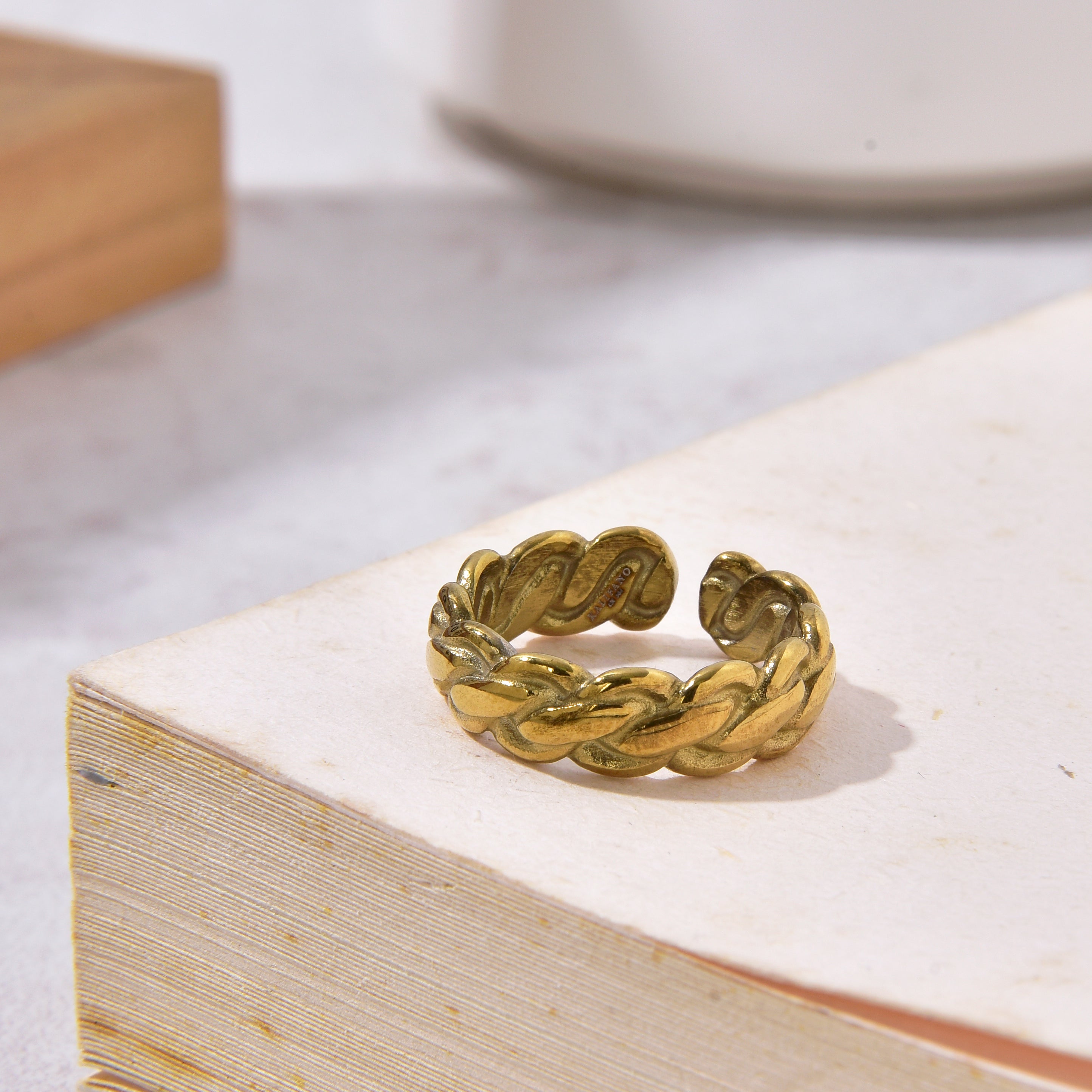 Gold Braided Rope Steel Hearts Ring