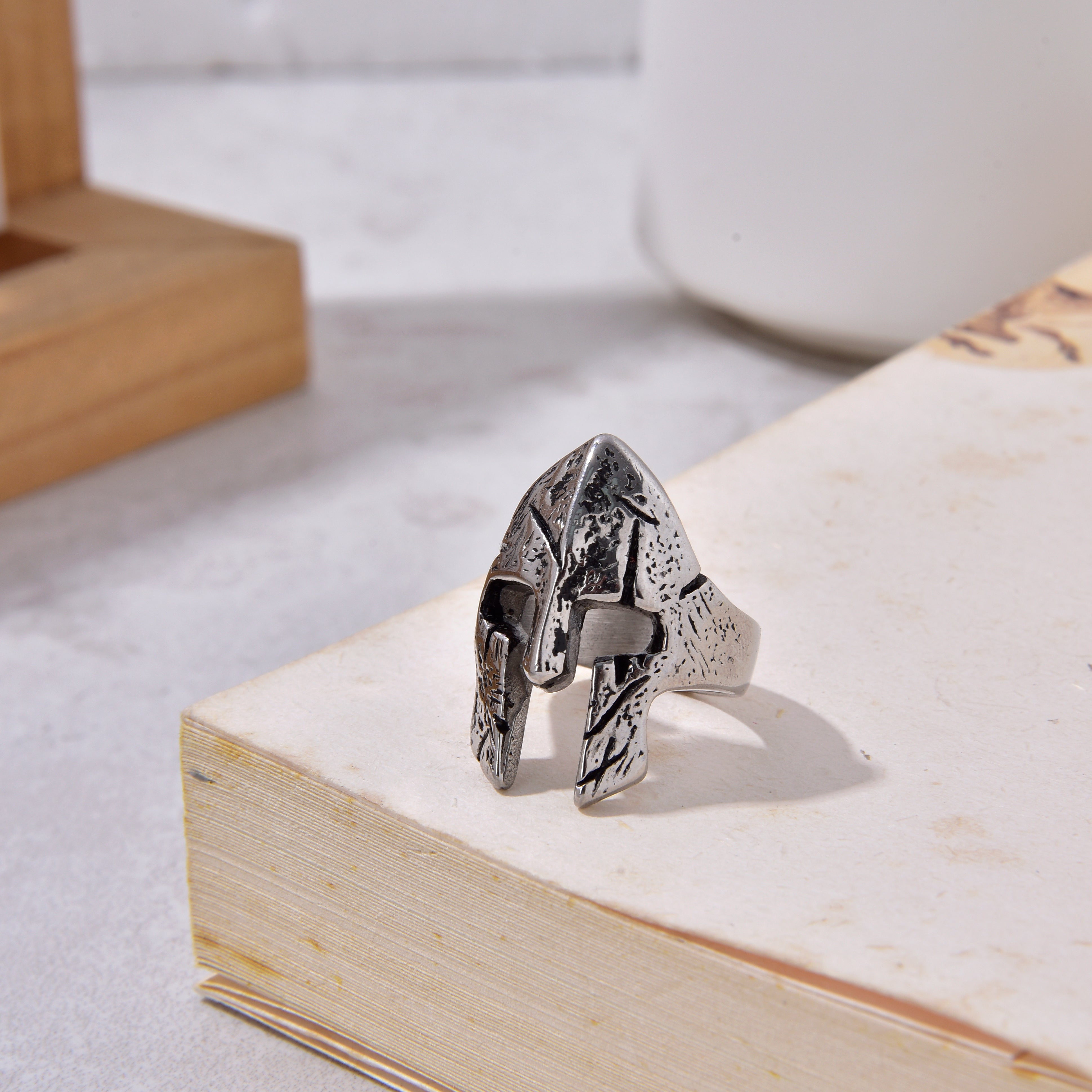 Silver Warrior Helmet Steel Hearts Ring