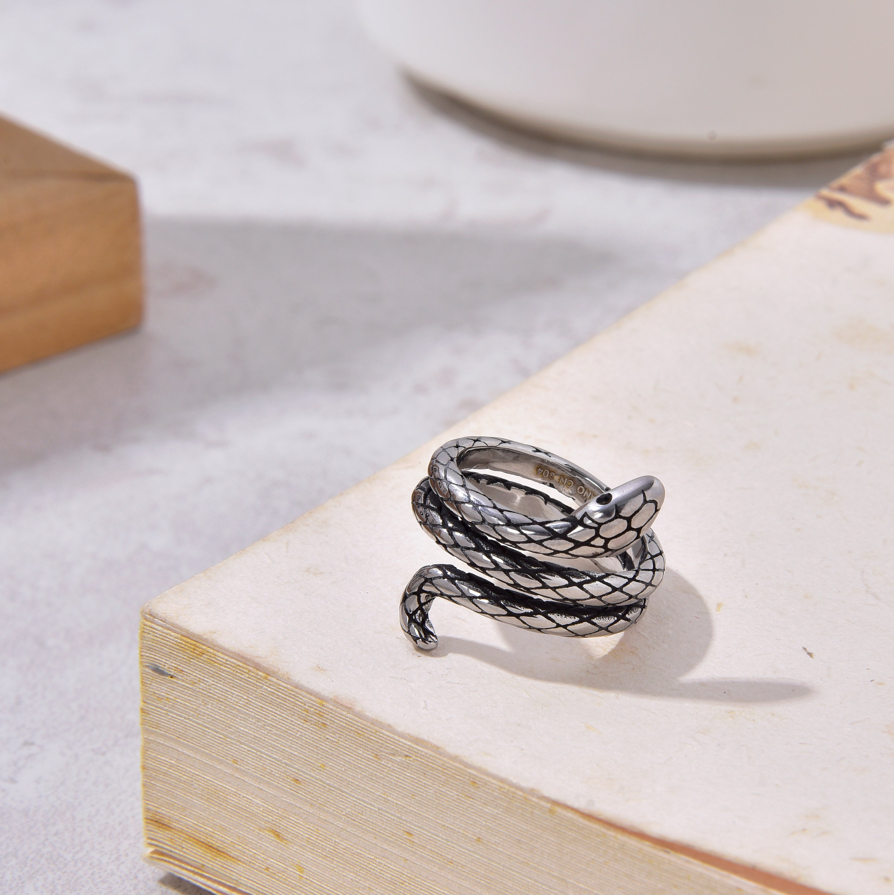 Silver Snake Steel Hearts Ring