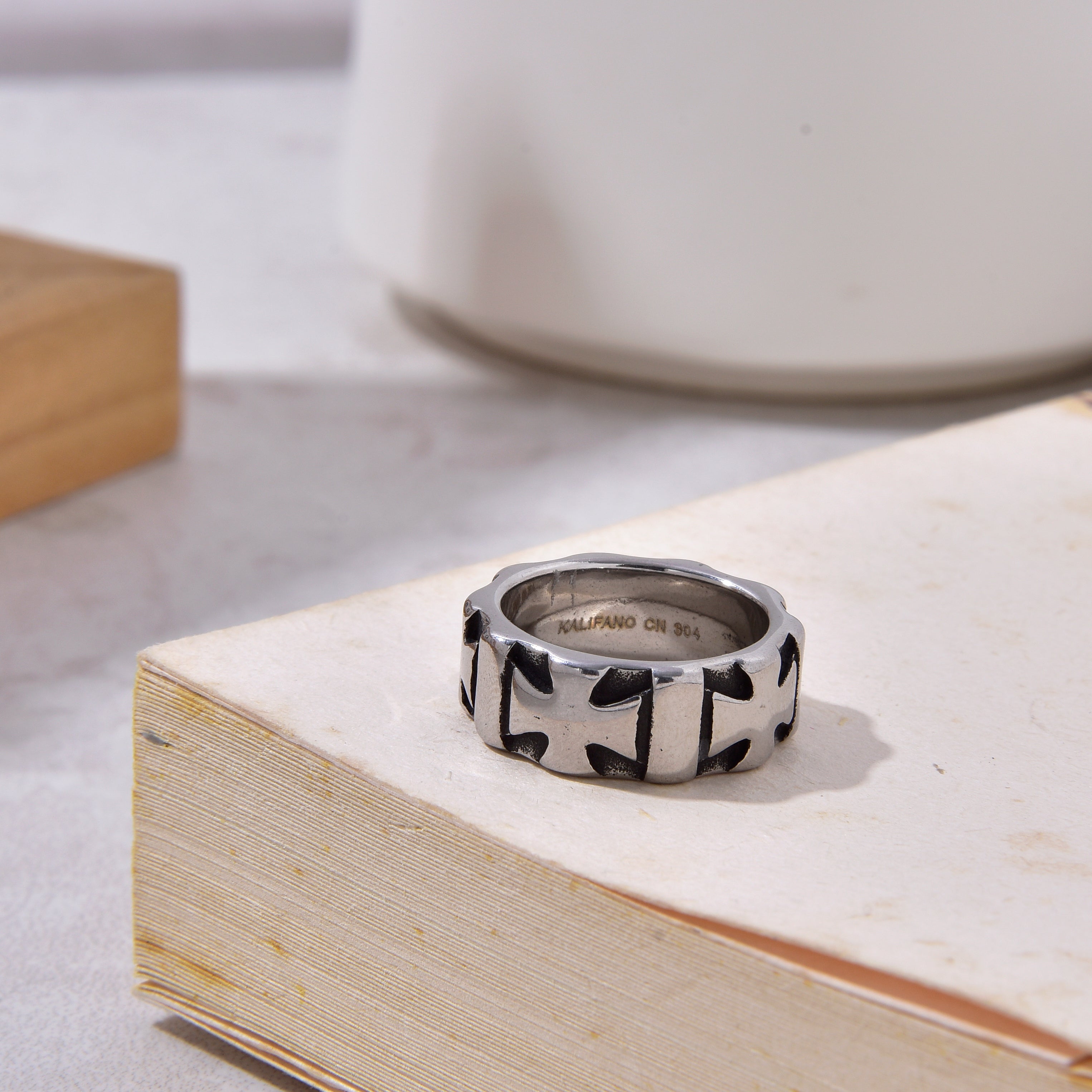 Silver Square Cross Steel Hearts Ring