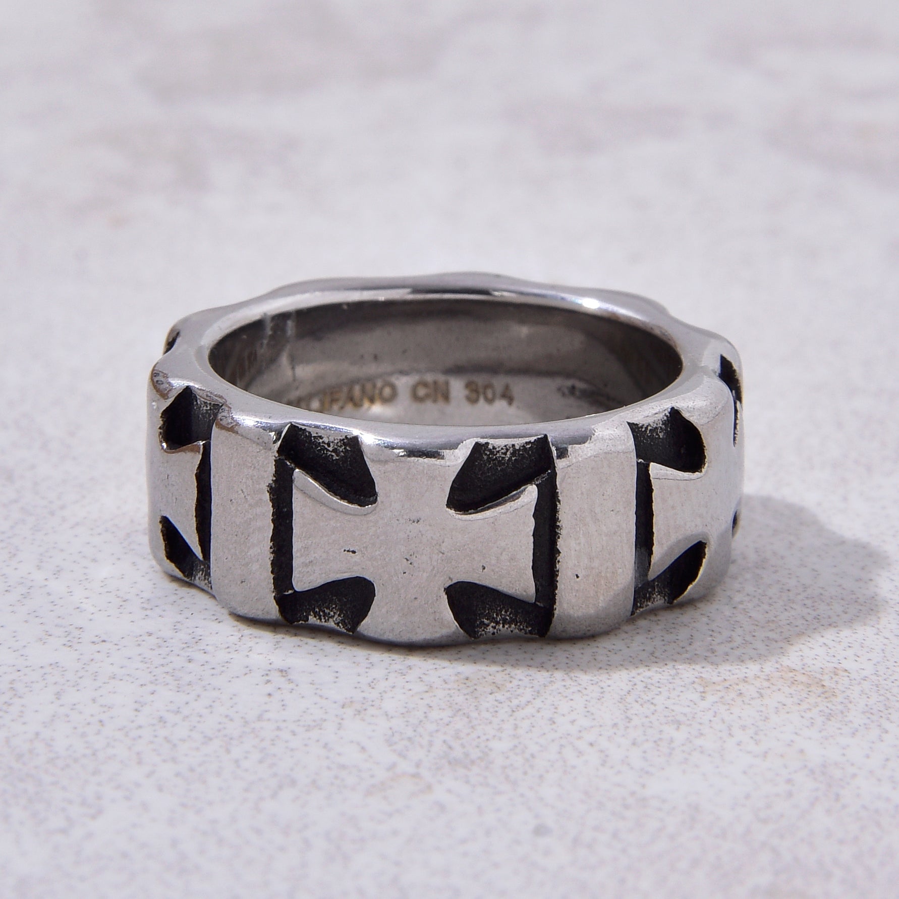 Silver Square Cross Steel Hearts Ring