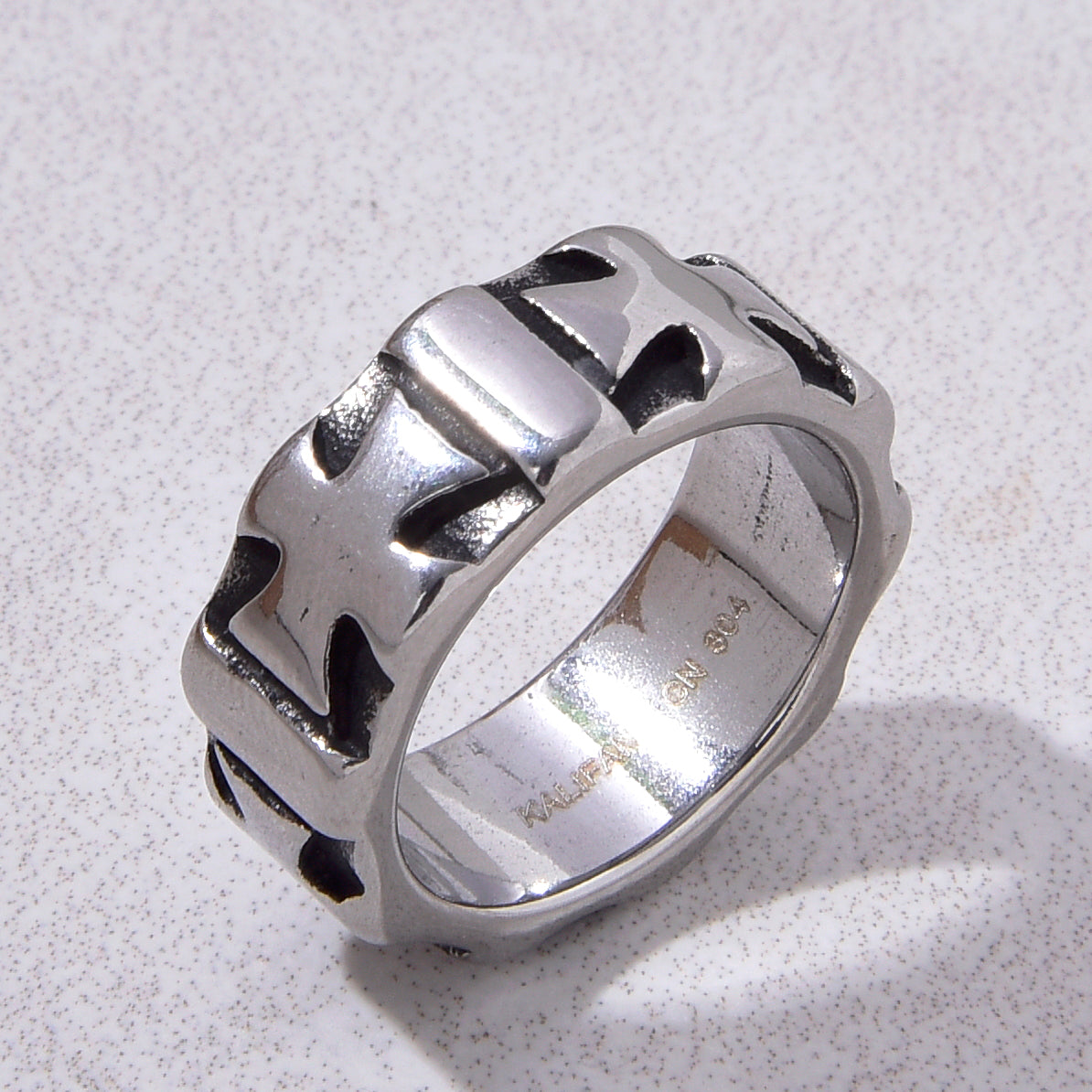 Silver Square Cross Steel Hearts Ring