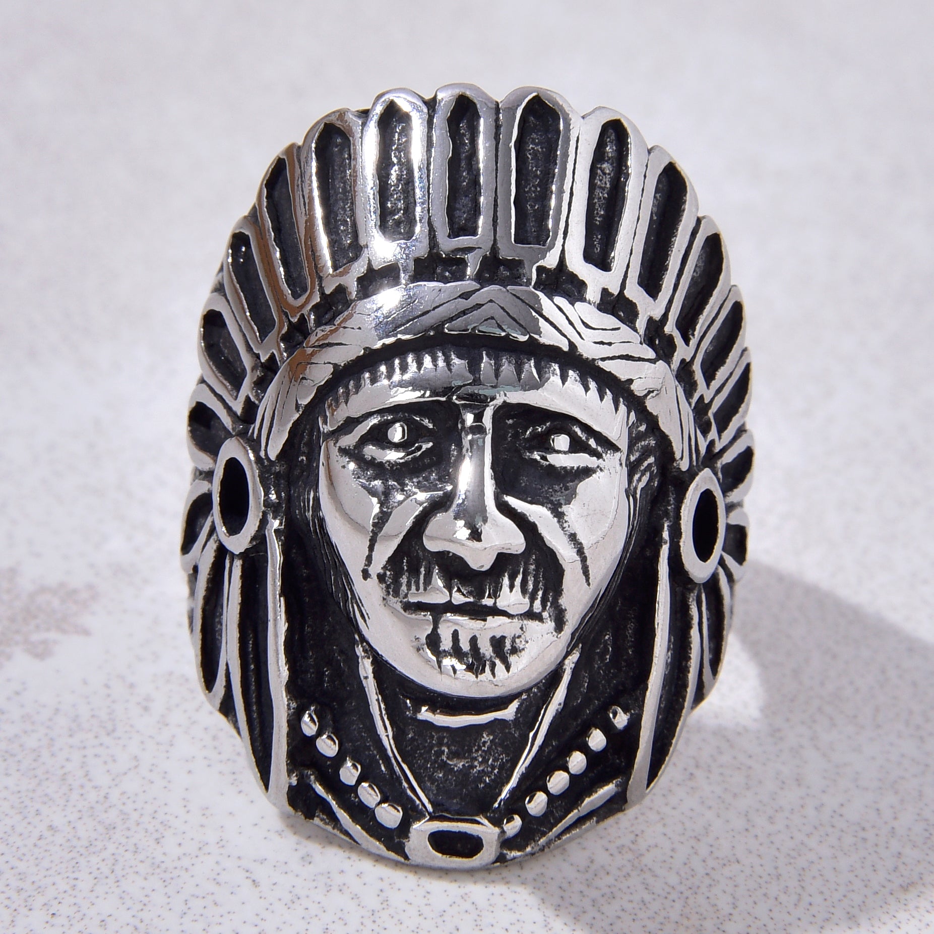 Silver Indian Chief Head Steel Hearts Ring