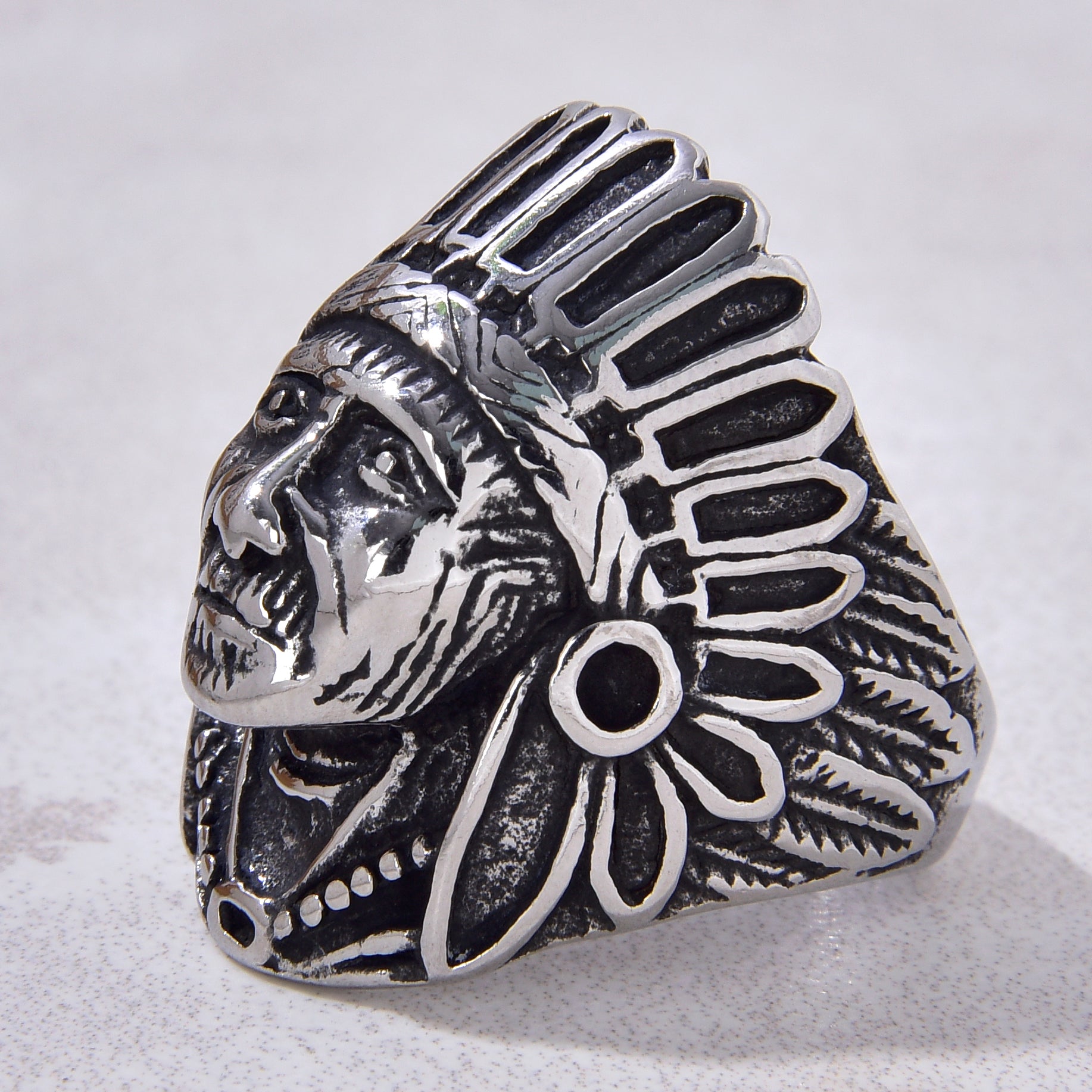 Silver Indian Chief Head Steel Hearts Ring