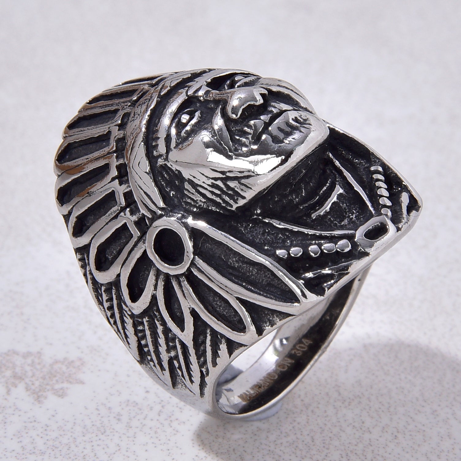 Silver Indian Chief Head Steel Hearts Ring