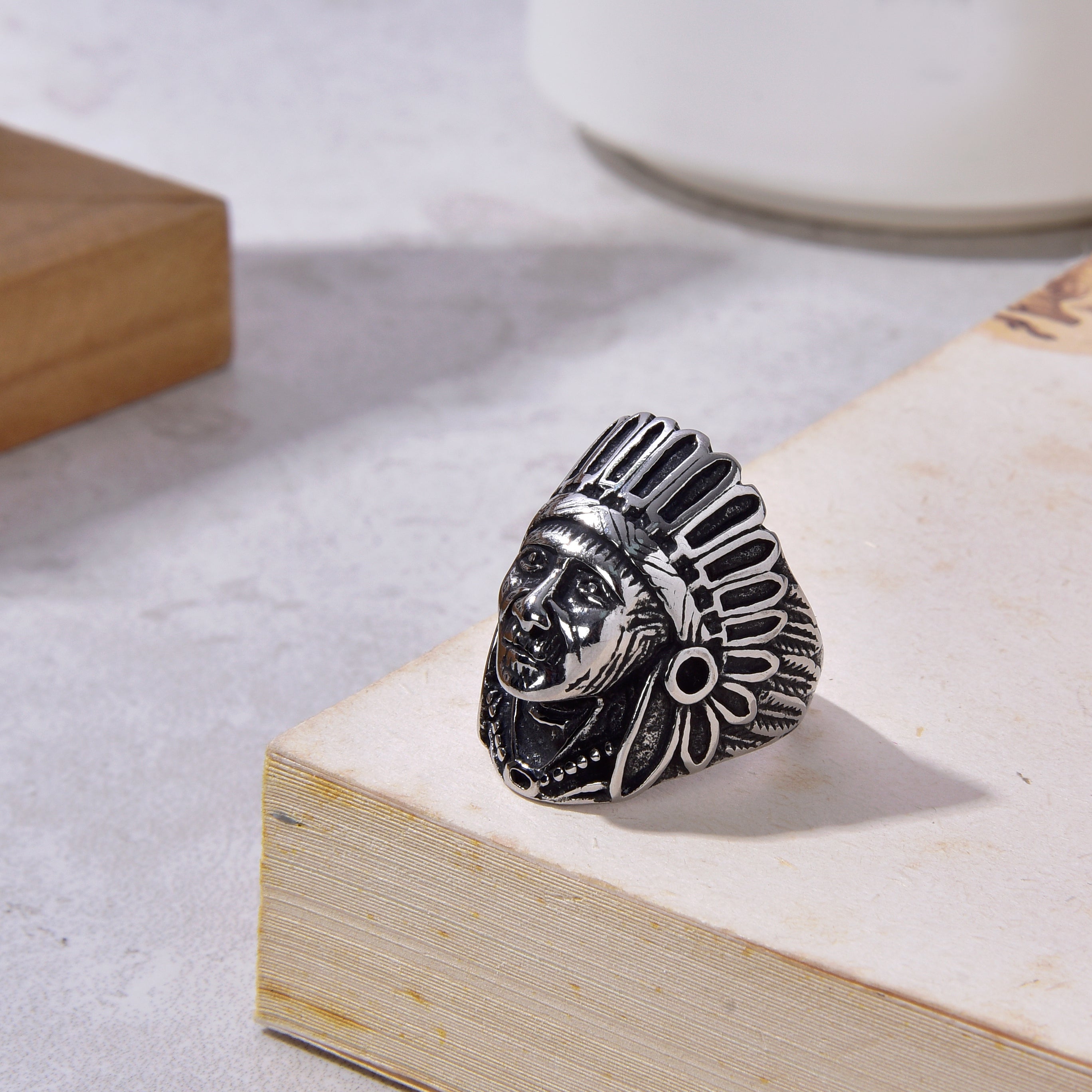 Silver Indian Chief Head Steel Hearts Ring