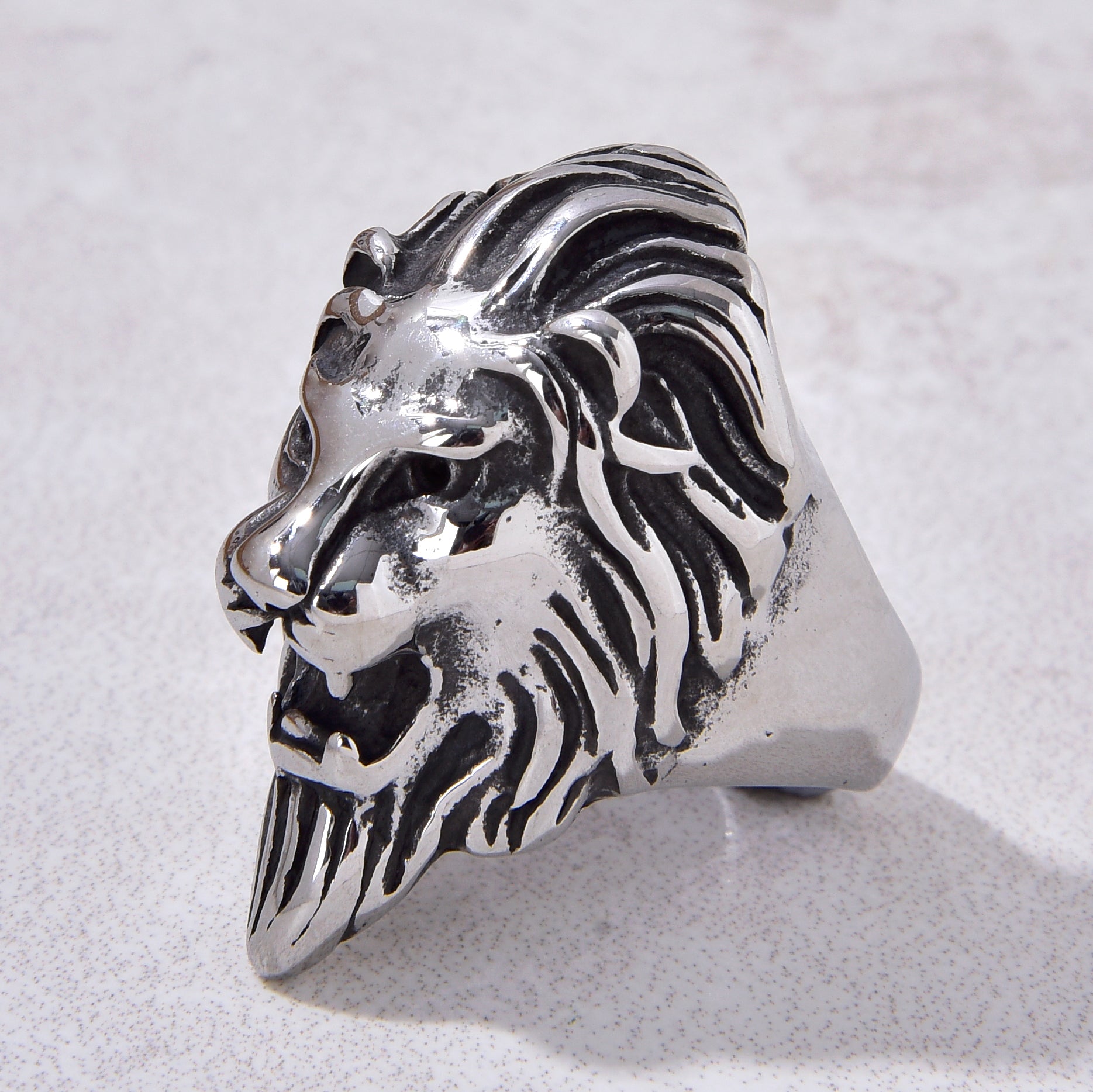 Silver Tiger Head Steel Hearts Ring