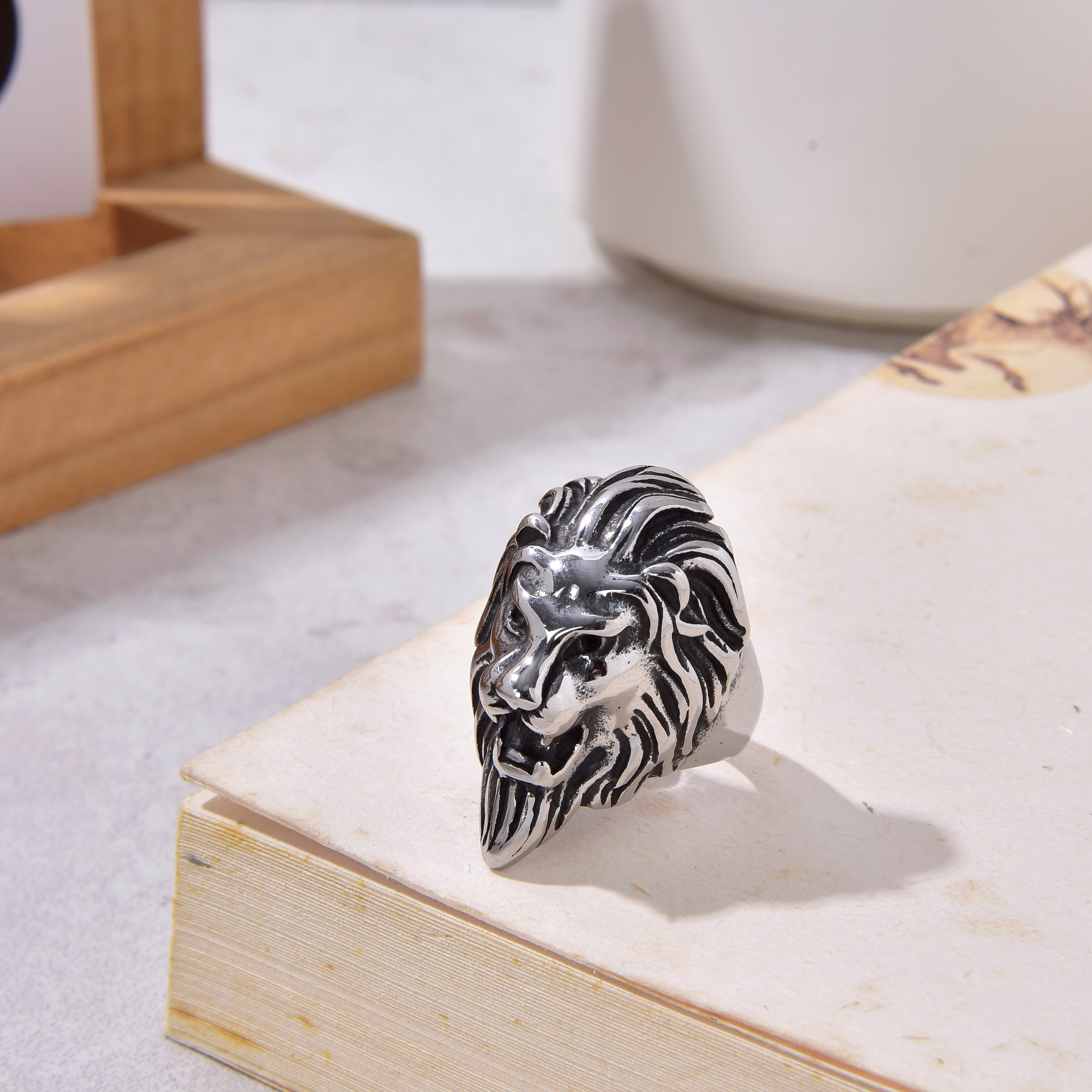 Silver Tiger Head Steel Hearts Ring