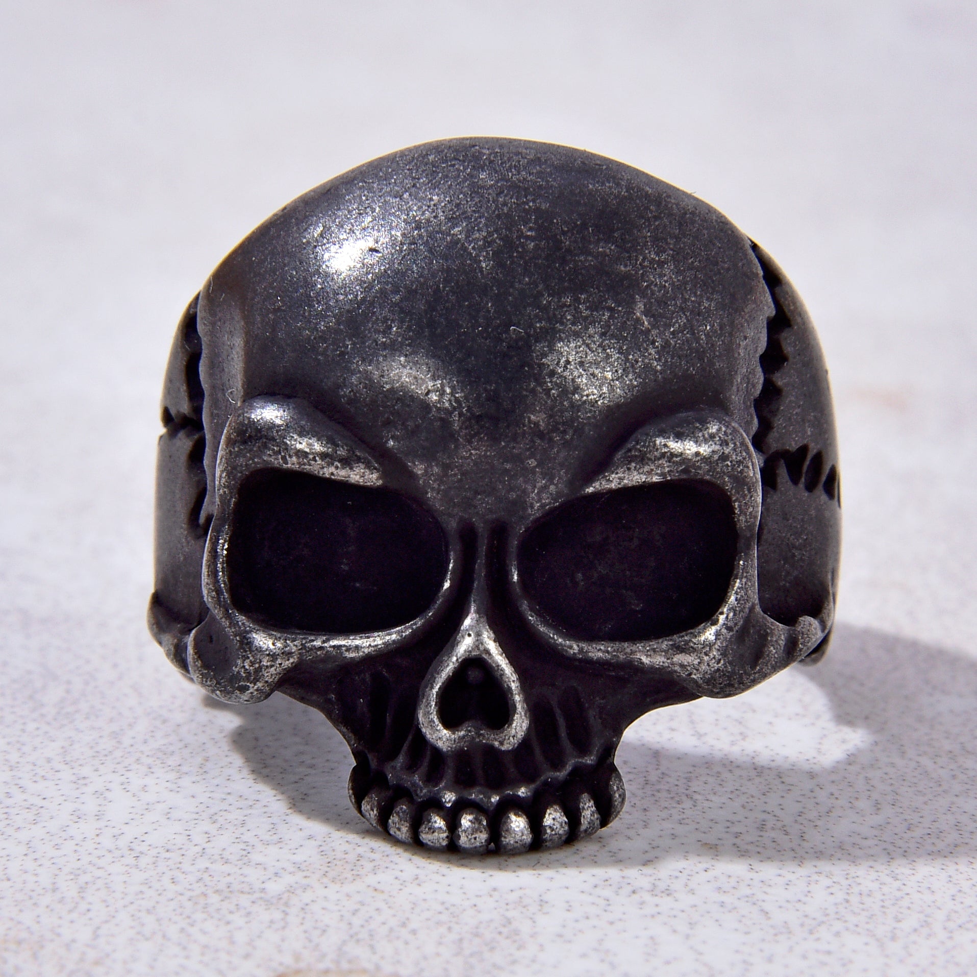 Black Classic Cast Skull Steel Hearts Ring