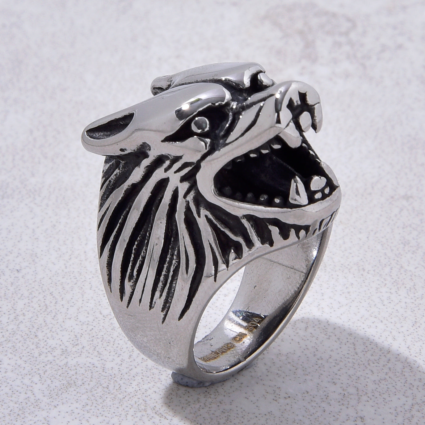 Silver Wolf Head Steel Hearts Ring