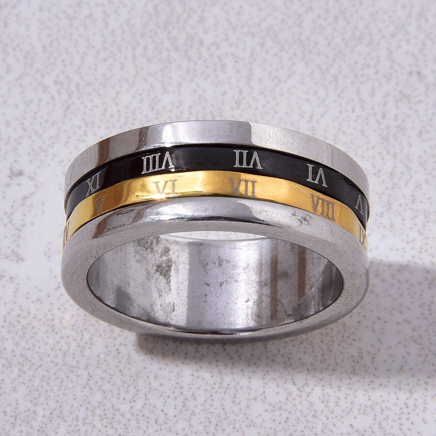 Silver Rotatable Roman Numerals Steel Hearts Ring