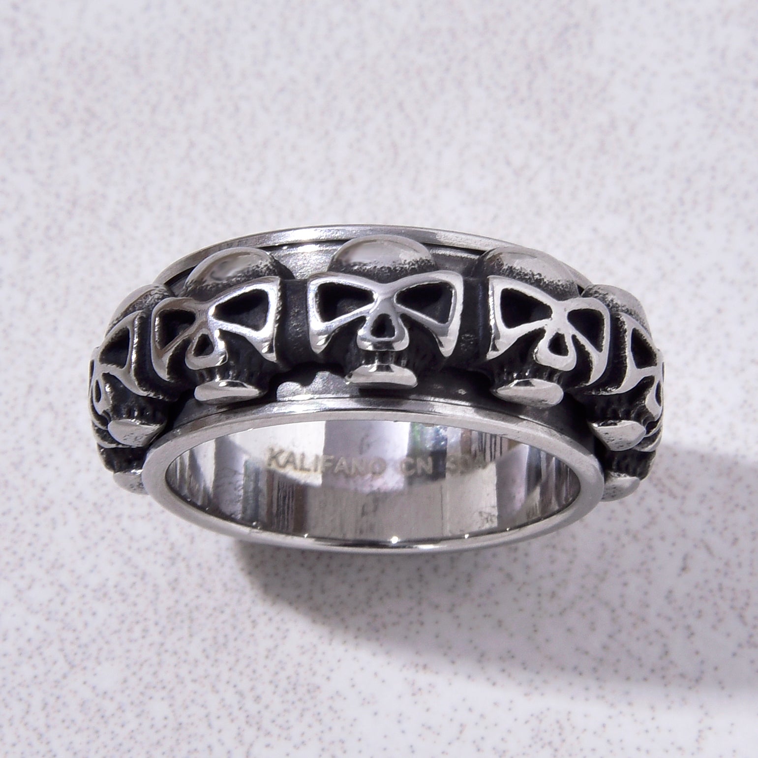 Silver Rotatable Skull Steel Hearts Ring