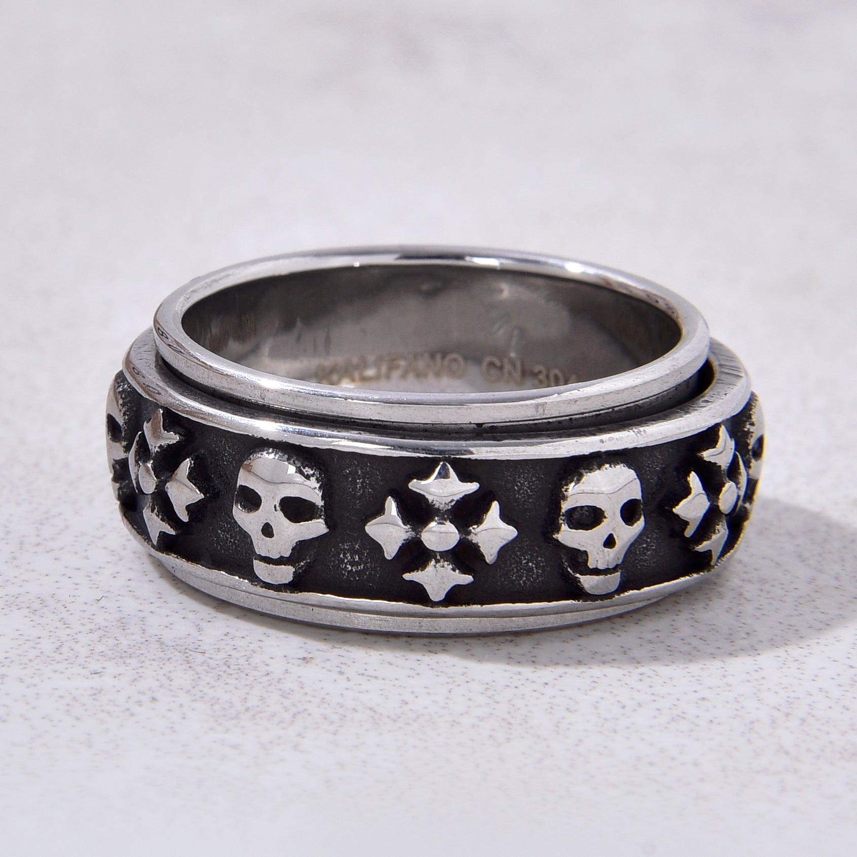 Silver Rotatable Skull and Cross Steel Hearts Ring