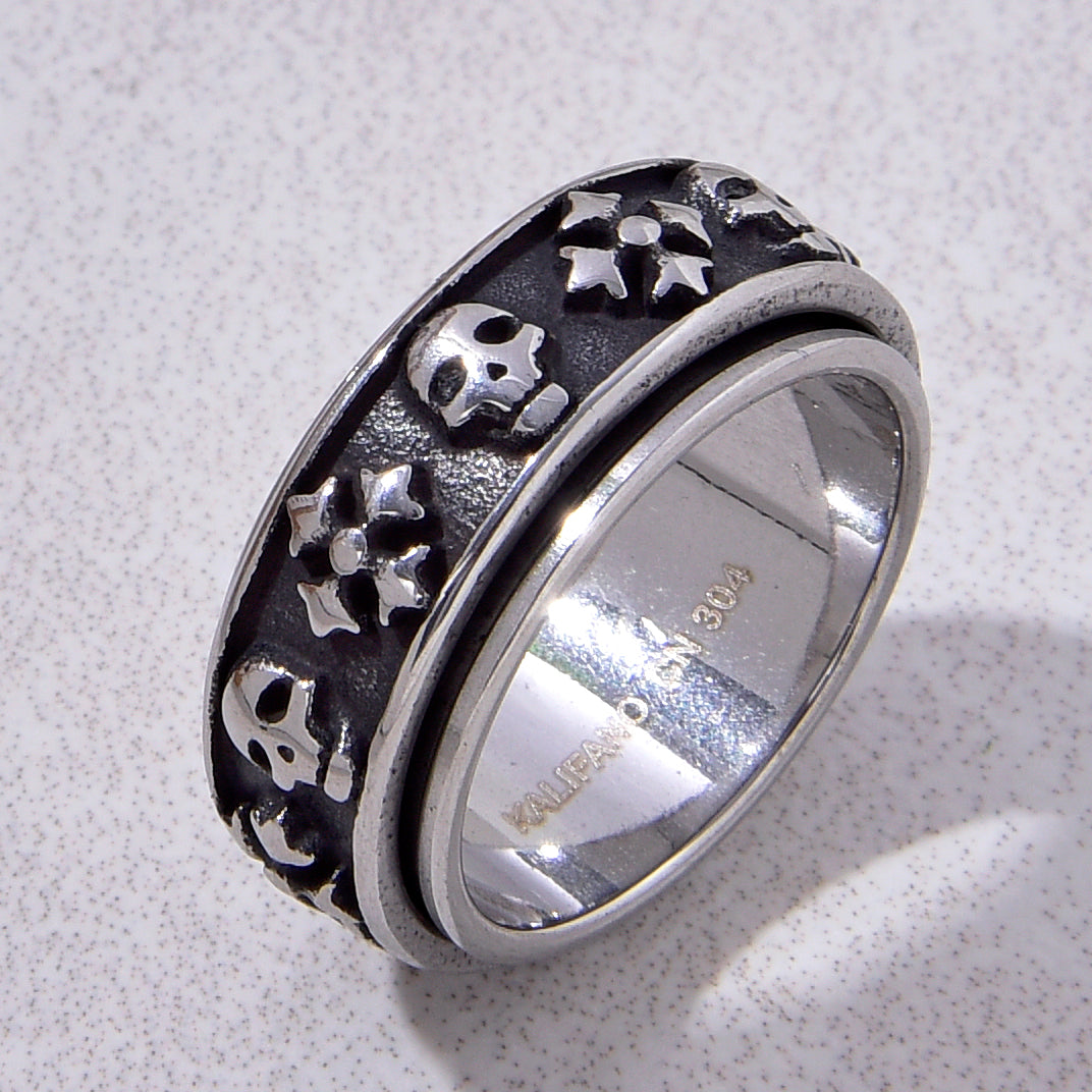 Silver Rotatable Skull and Cross Steel Hearts Ring