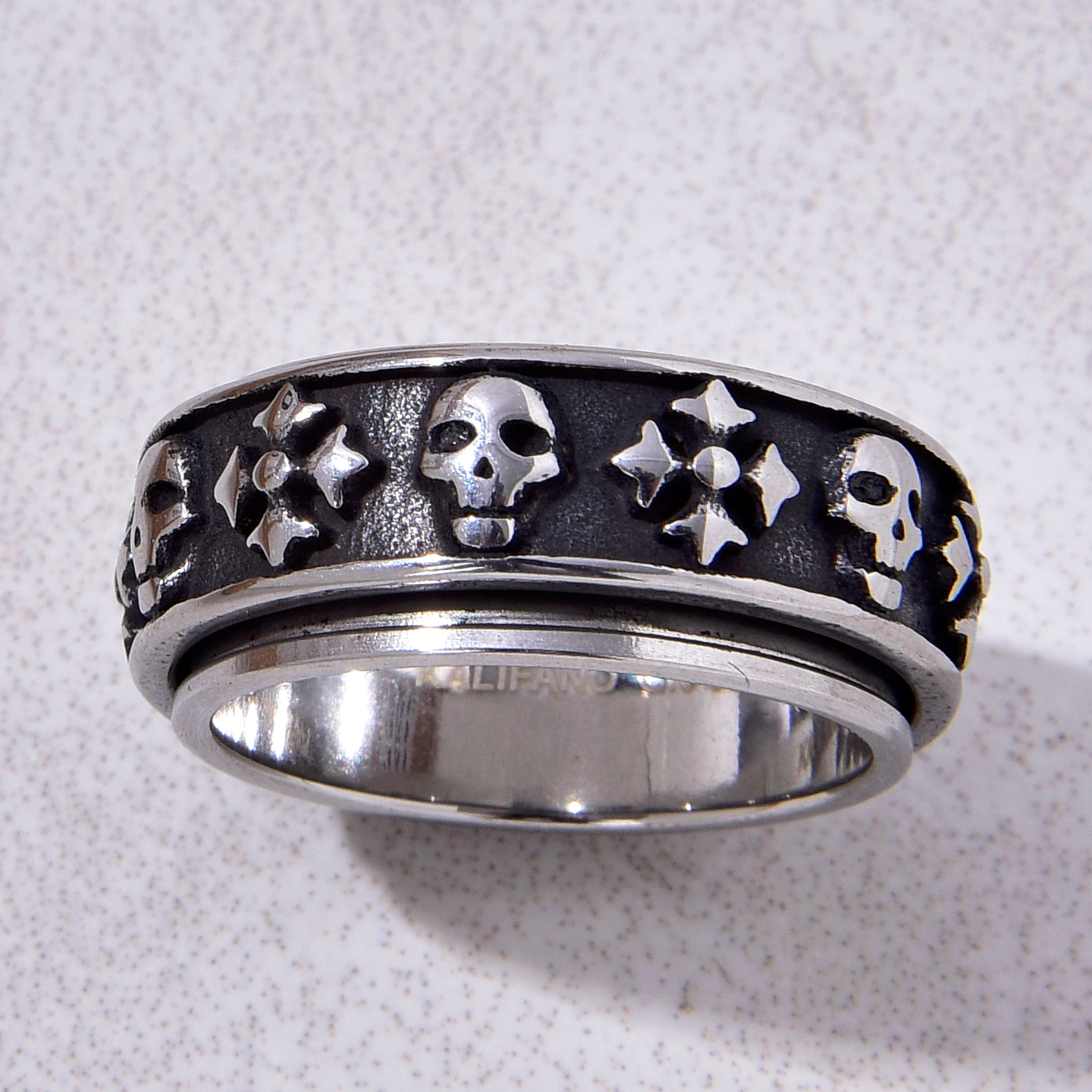 Silver Rotatable Skull and Cross Steel Hearts Ring