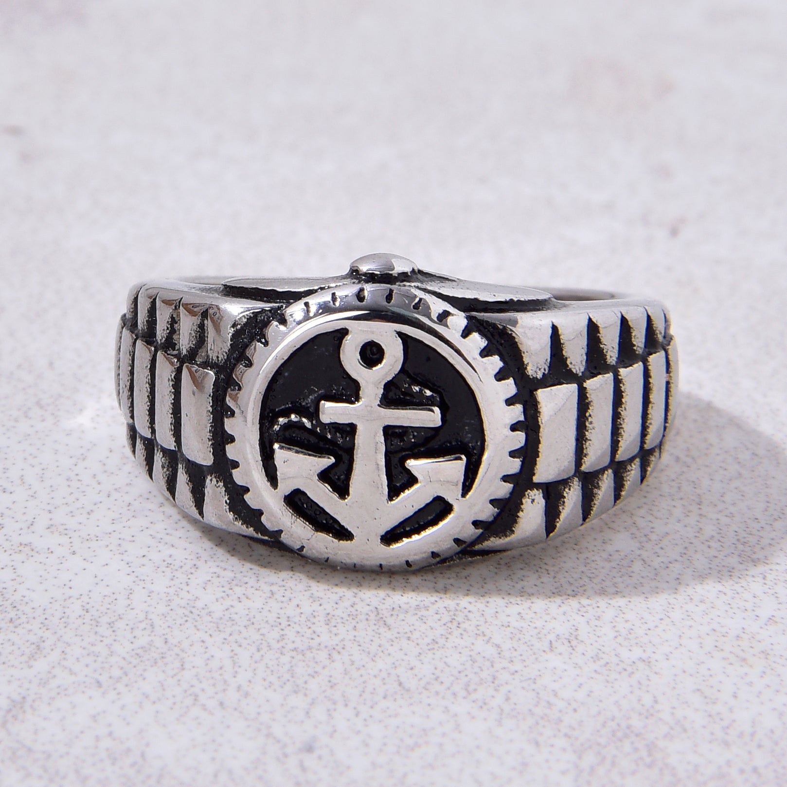 Silver Boat Anchor Steel Hearts Ring