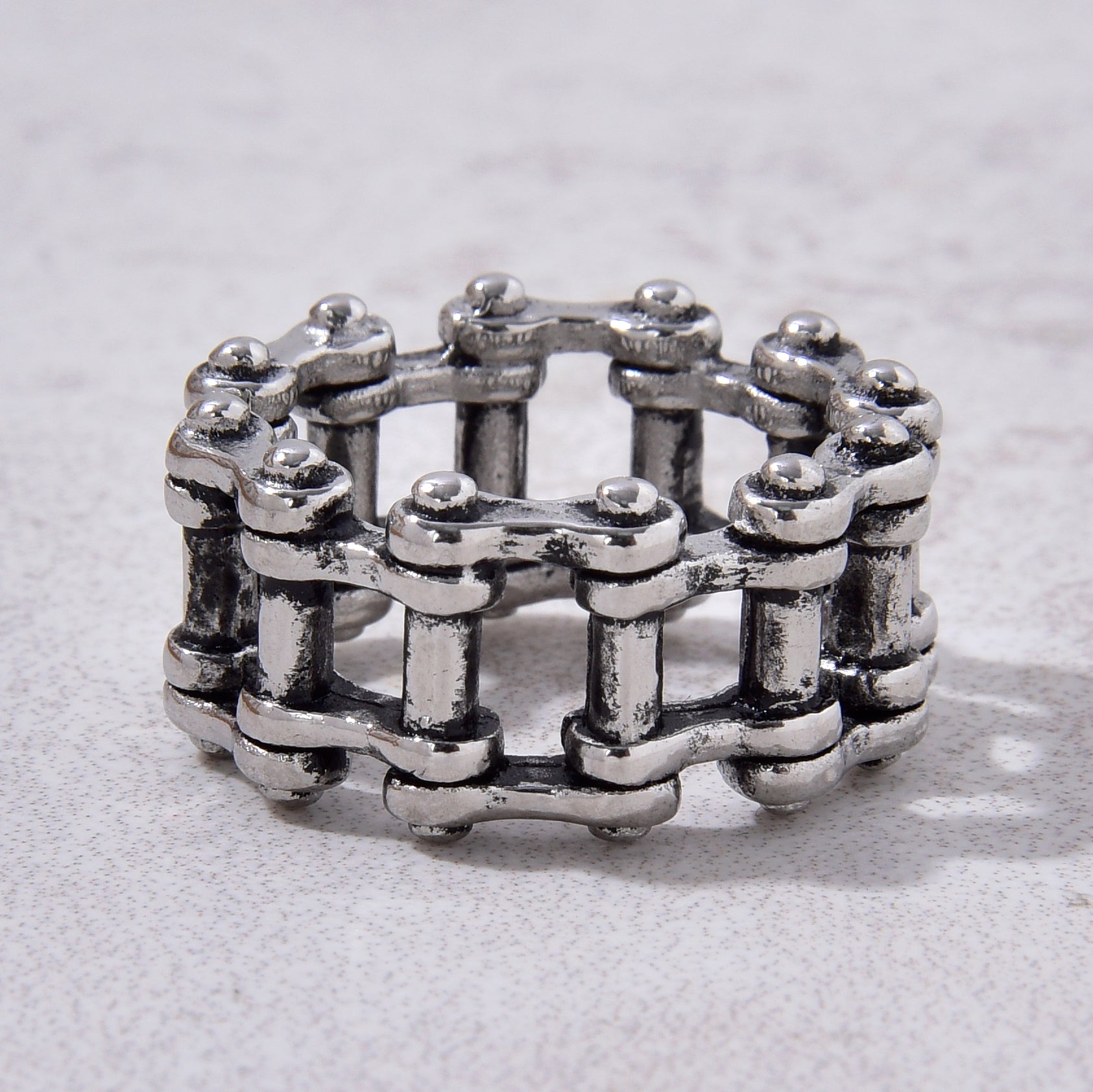 Silver Bike Chain Steel Hearts Ring