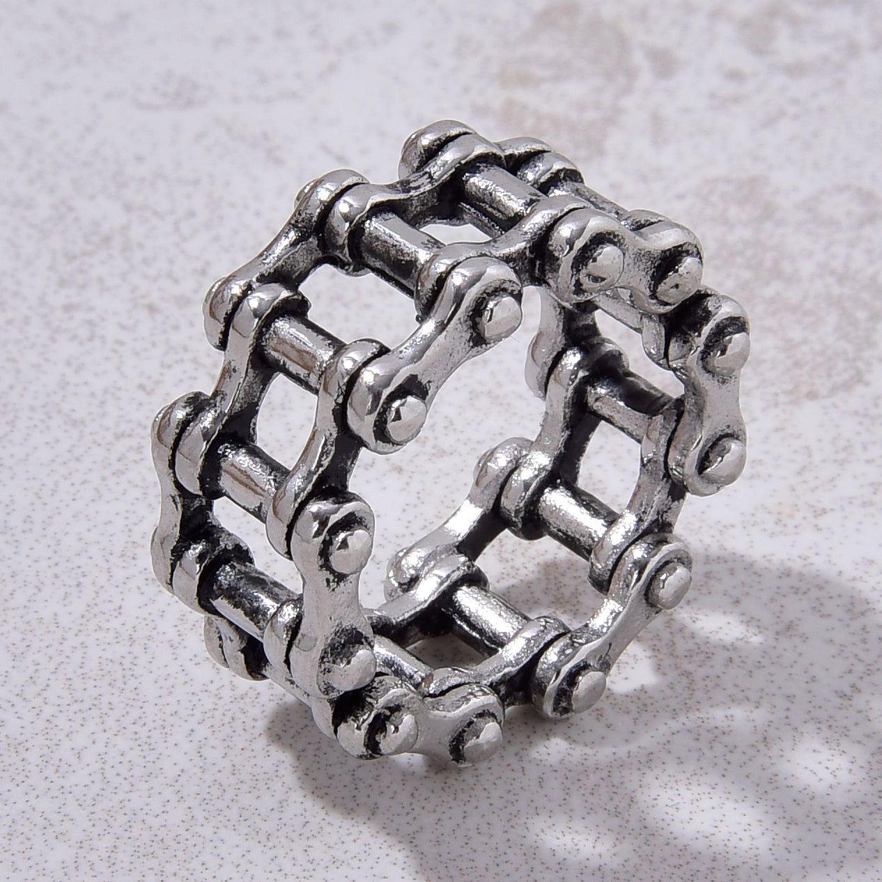 Silver Bike Chain Steel Hearts Ring