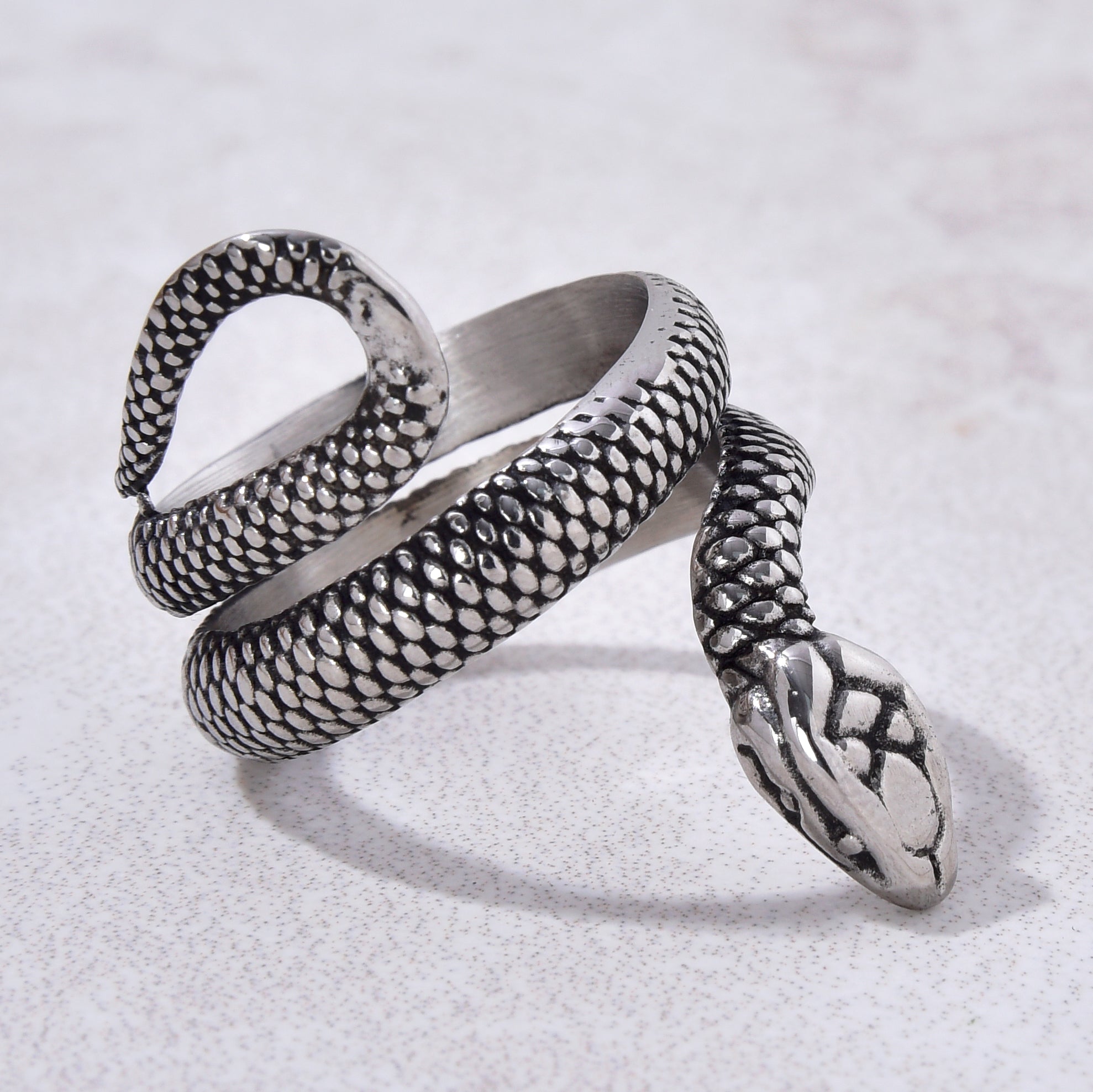 Silver Snake Steel Hearts Ring