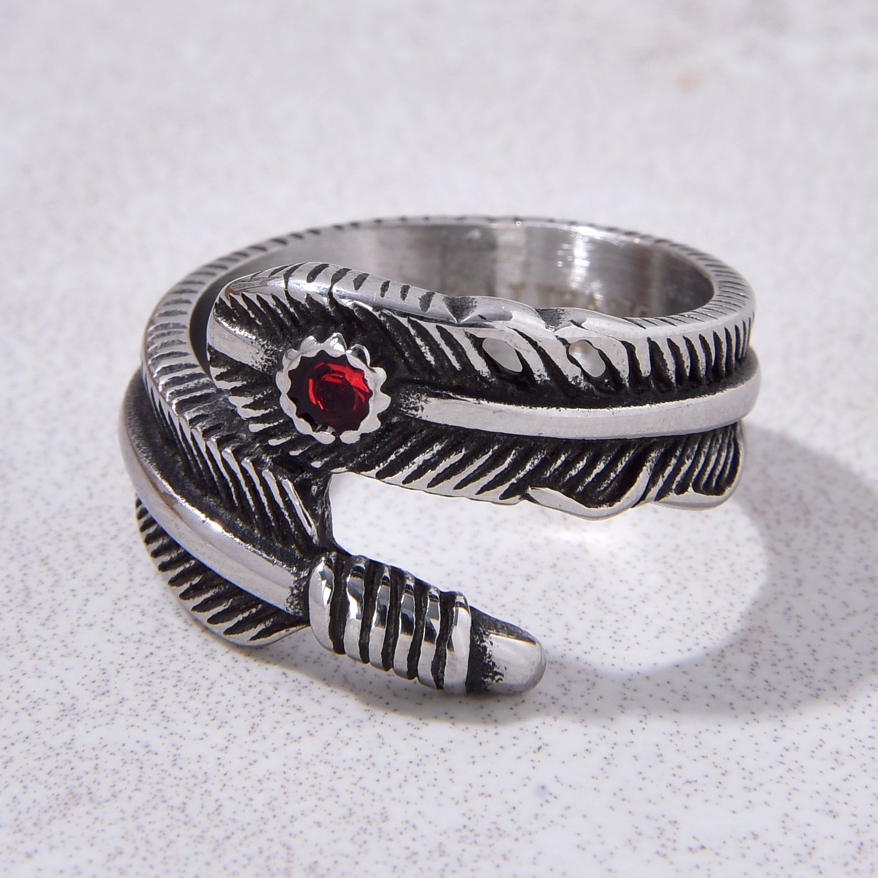 Silver Feather Steel Hearts Ring