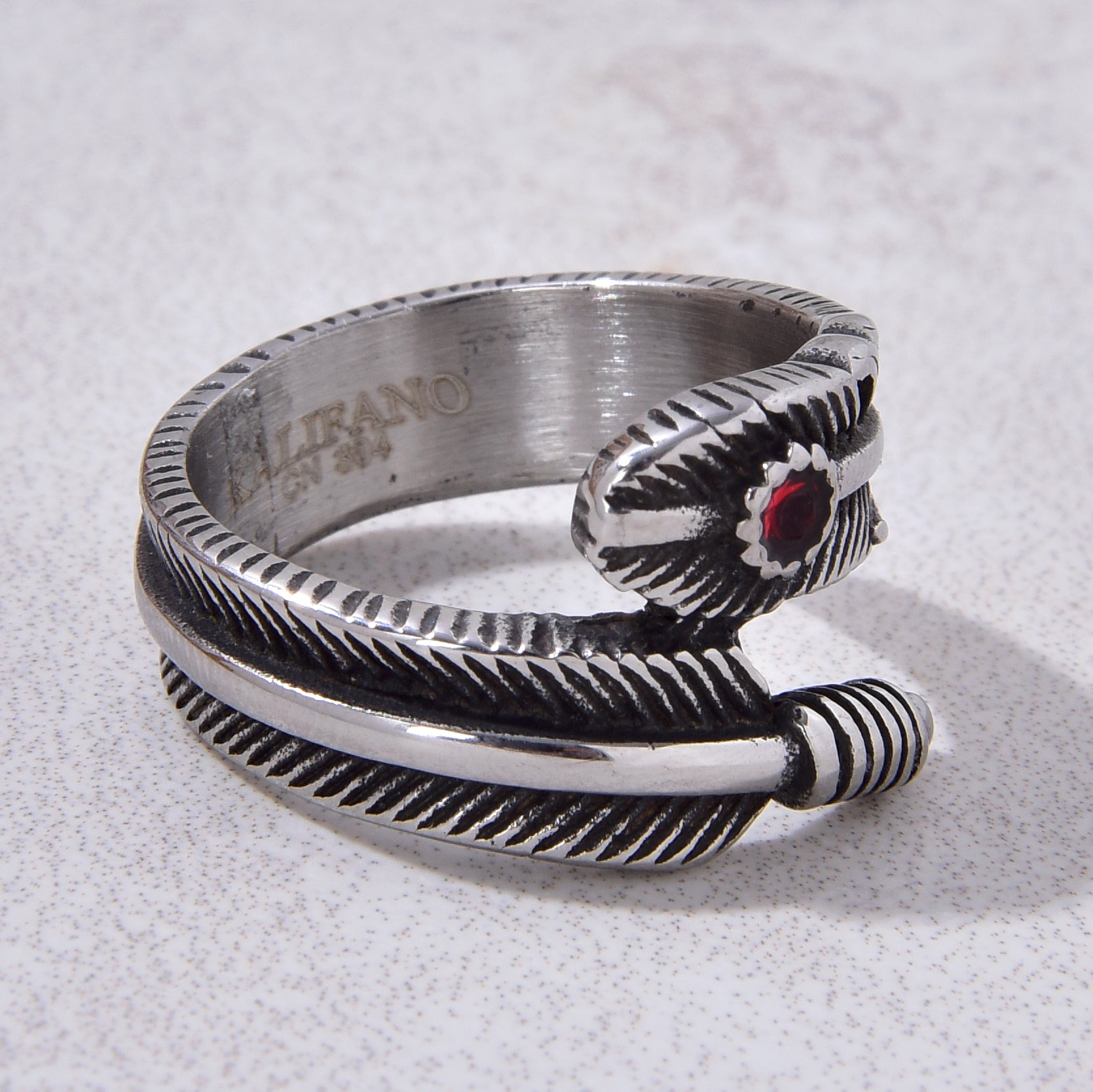 Silver Feather Steel Hearts Ring