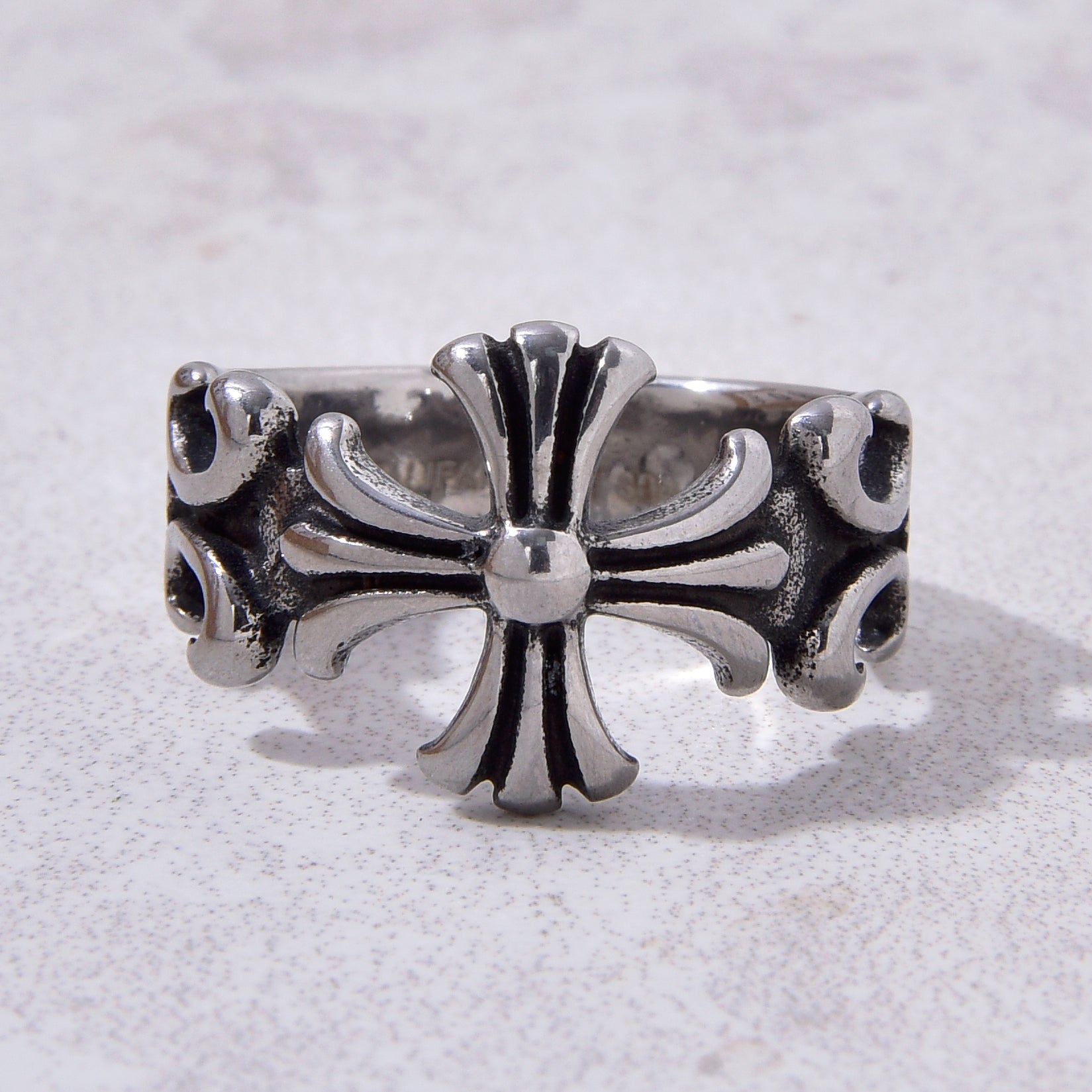 Silver Cross Steel Hearts Ring