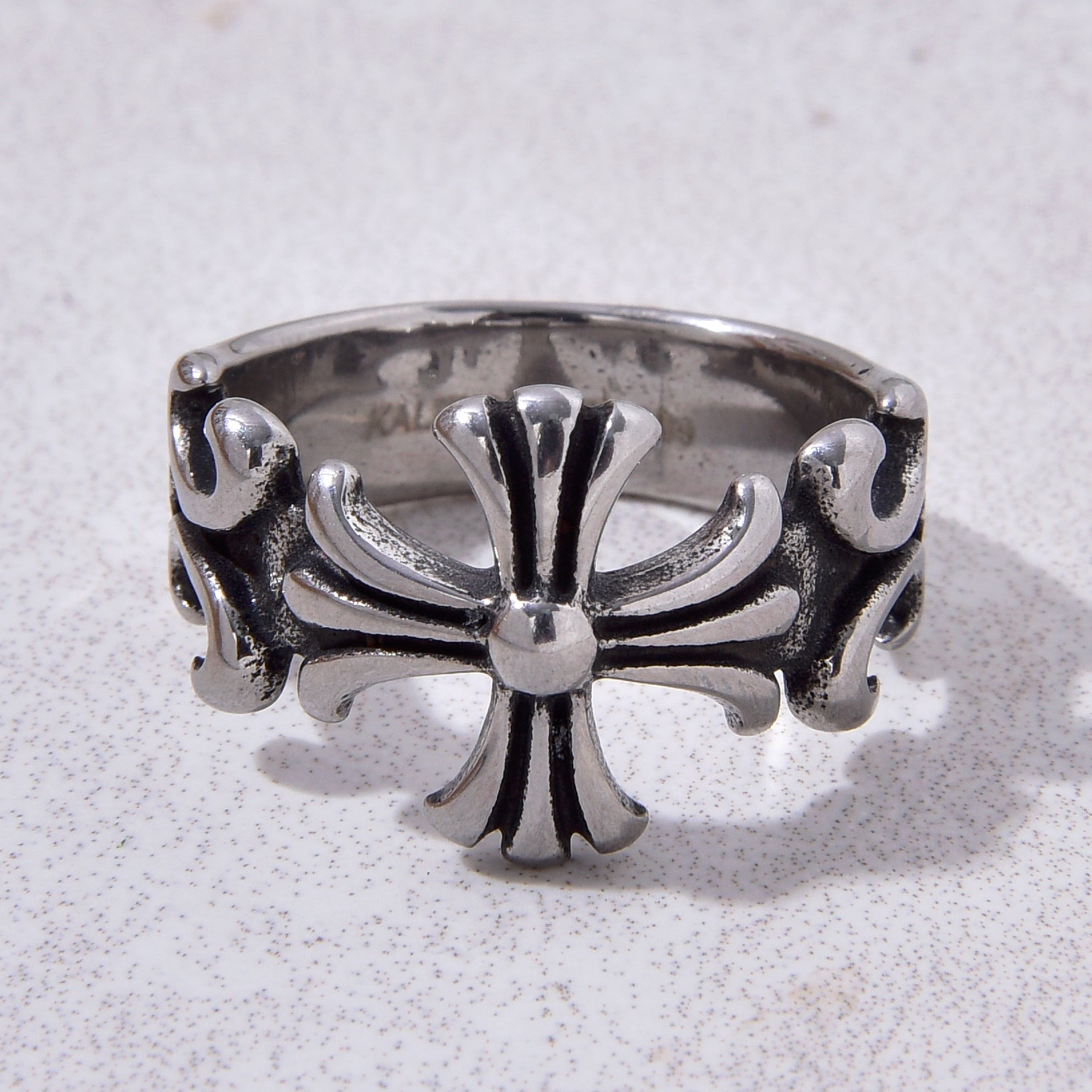 Silver Cross Steel Hearts Ring