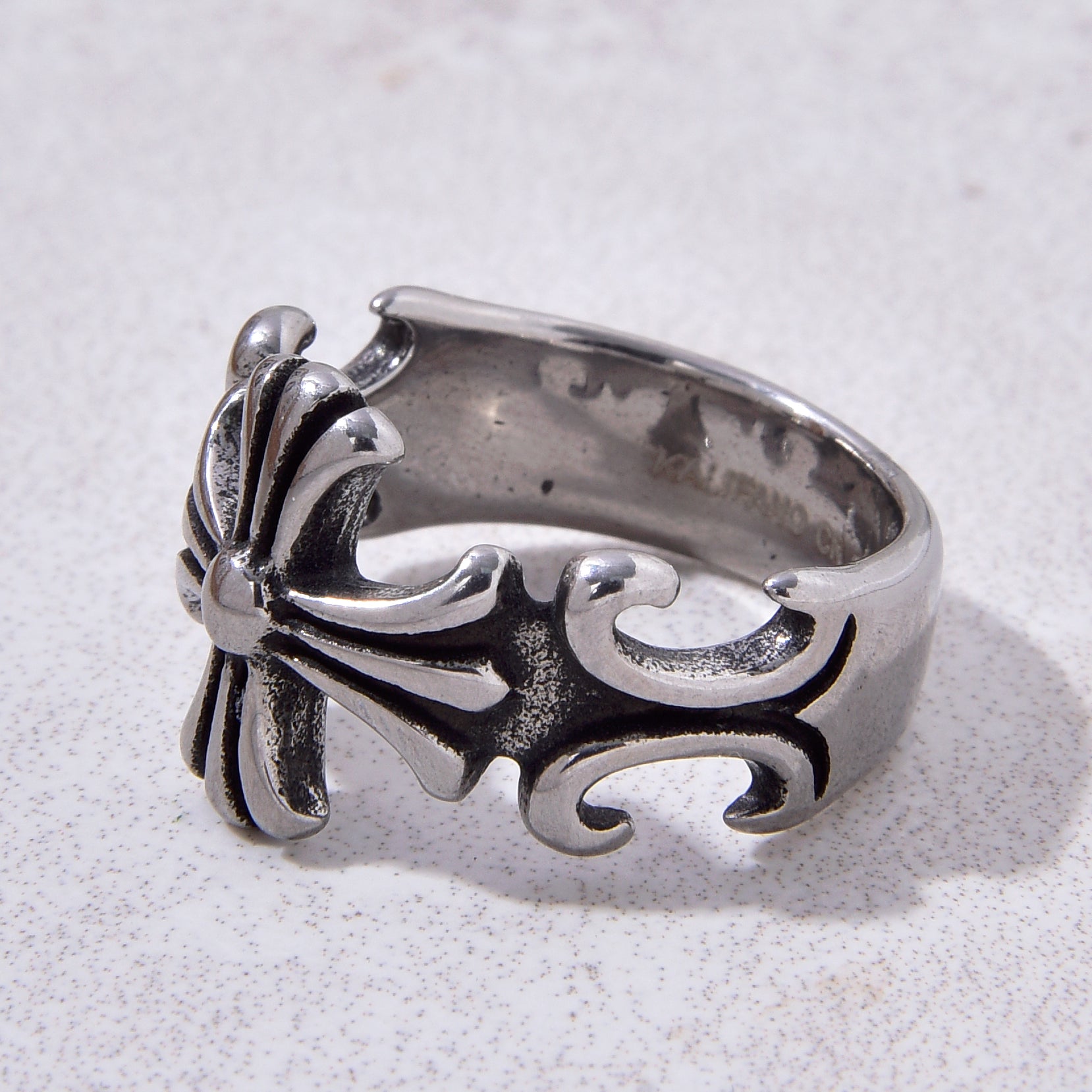 Silver Cross Steel Hearts Ring