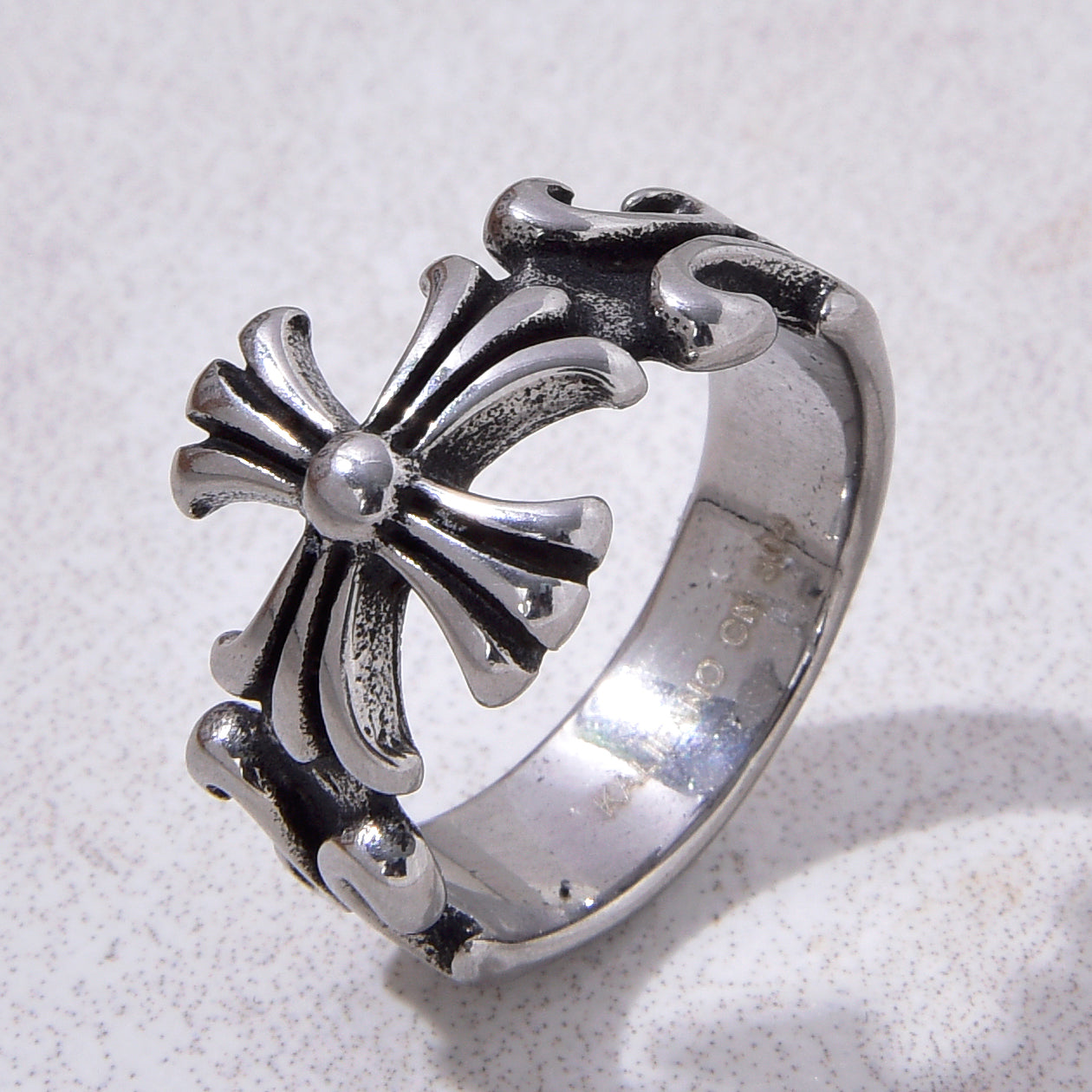 Silver Cross Steel Hearts Ring