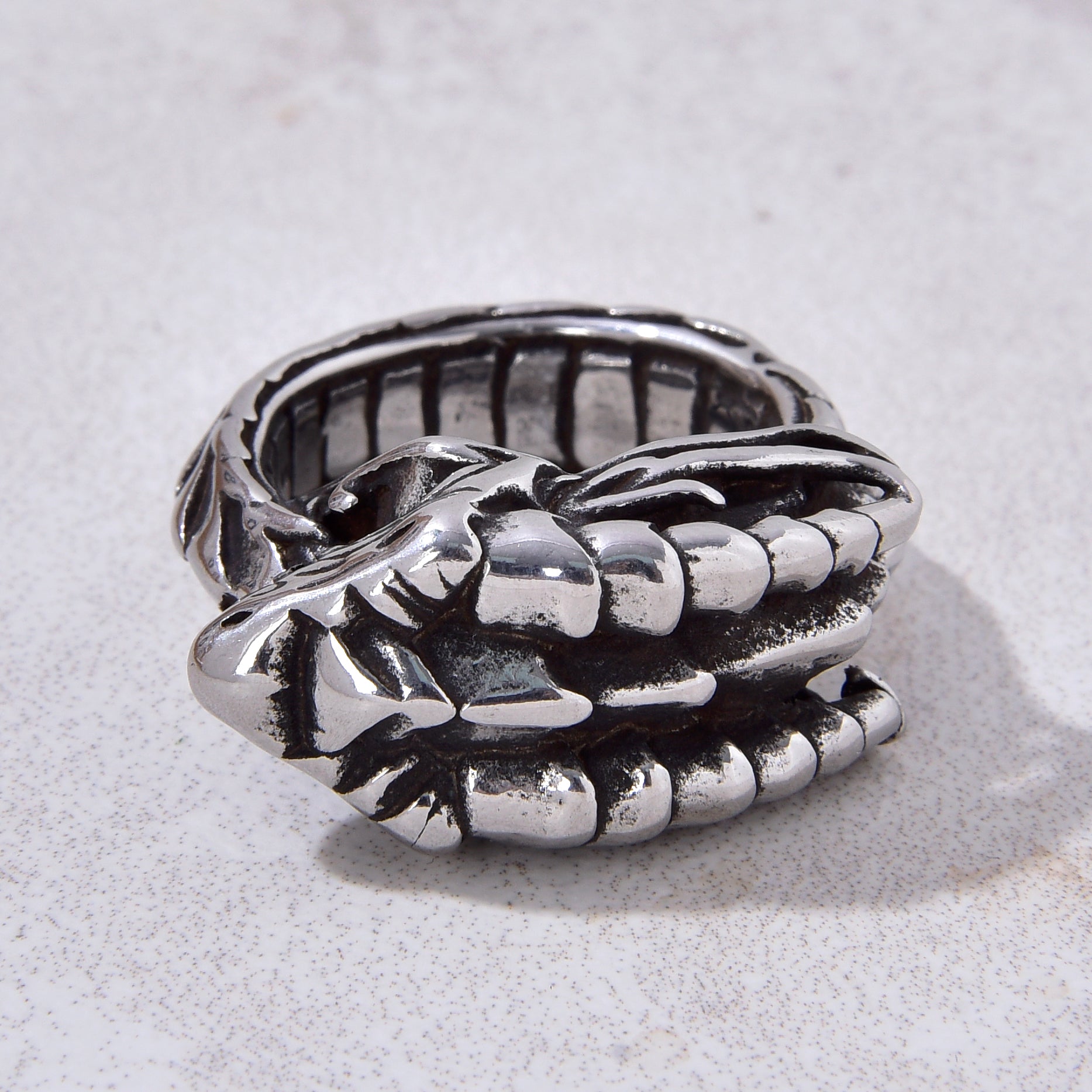 Silver Flood Dragon Steel Hearts Ring