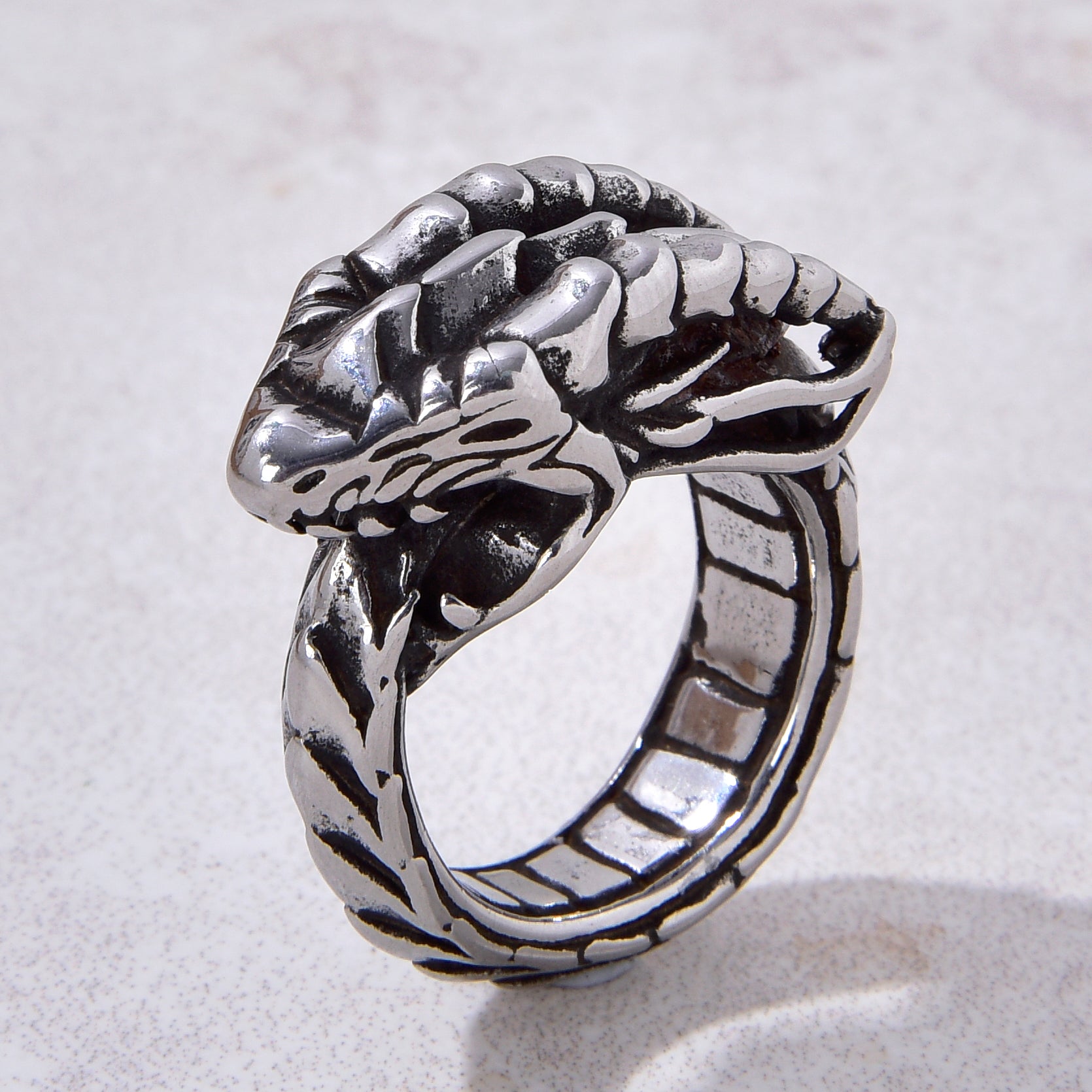 Silver Flood Dragon Steel Hearts Ring