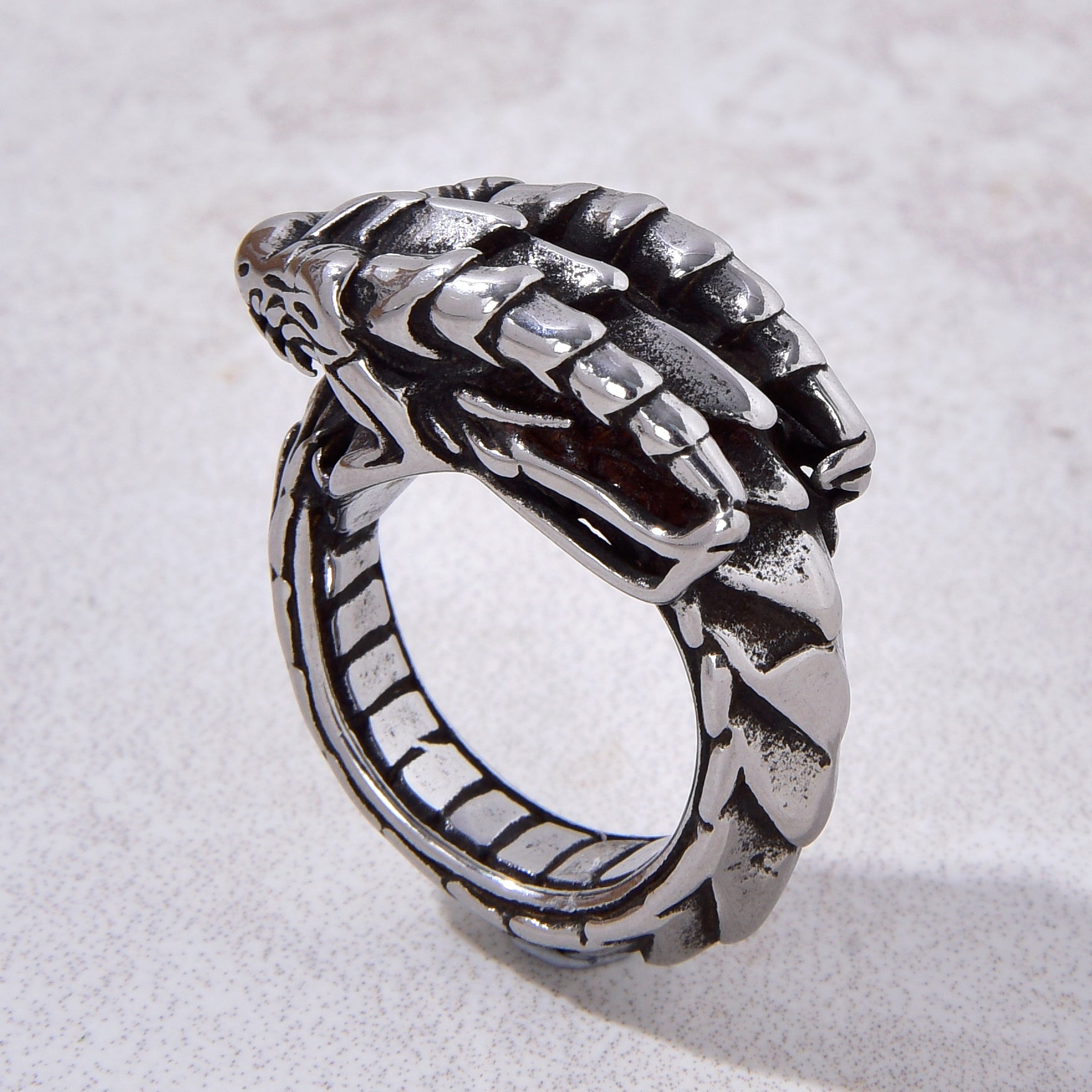 Silver Flood Dragon Steel Hearts Ring