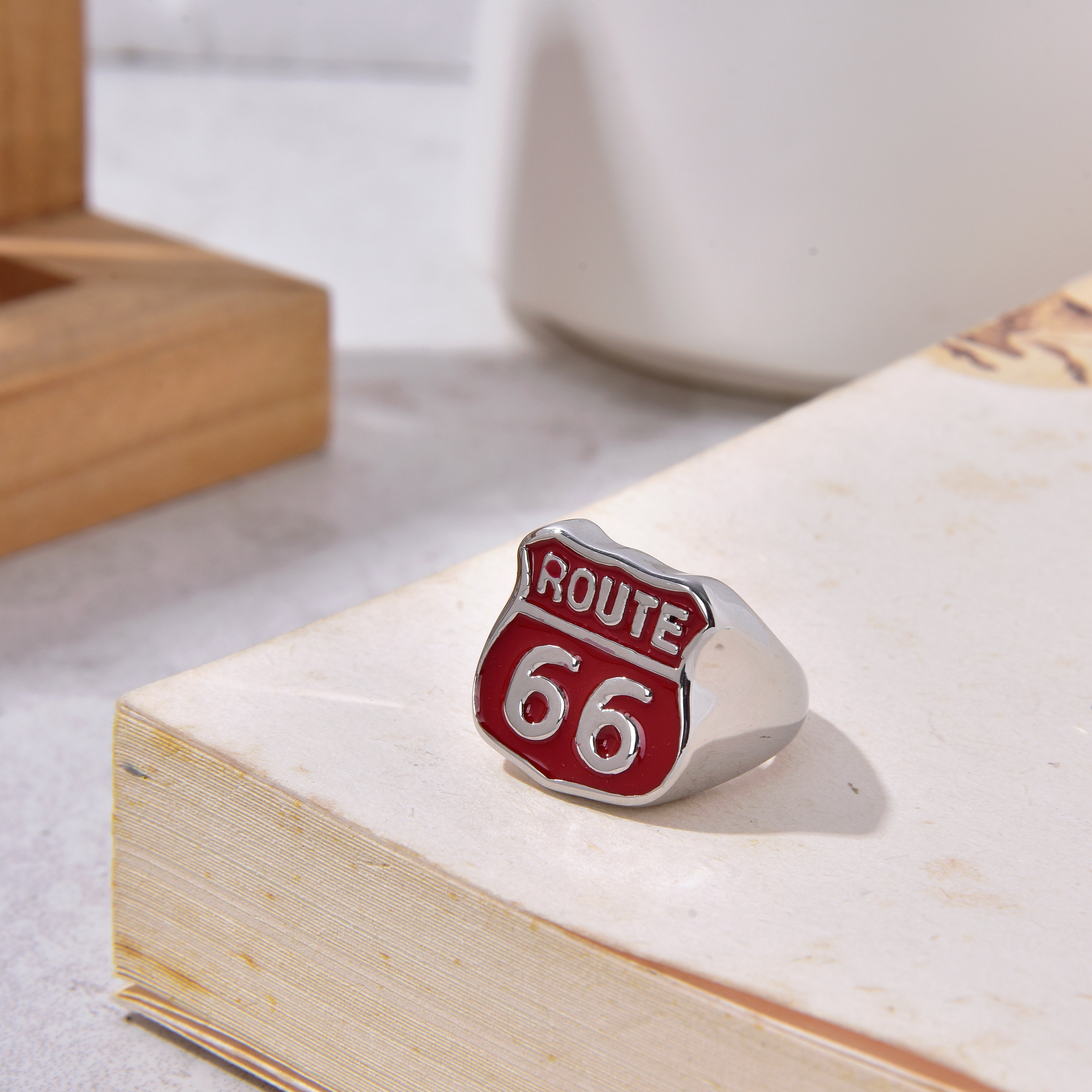 Silver and Red Route 66 Steel Hearts Ring