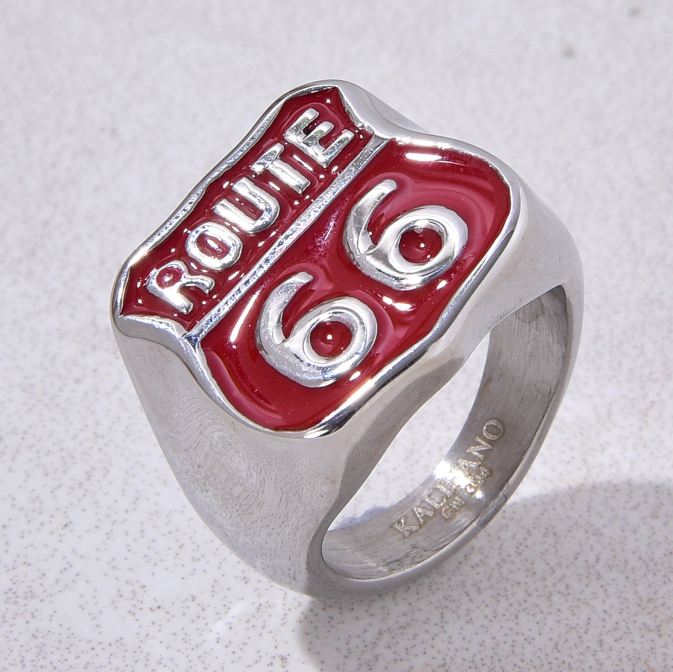 Silver and Red Route 66 Steel Hearts Ring