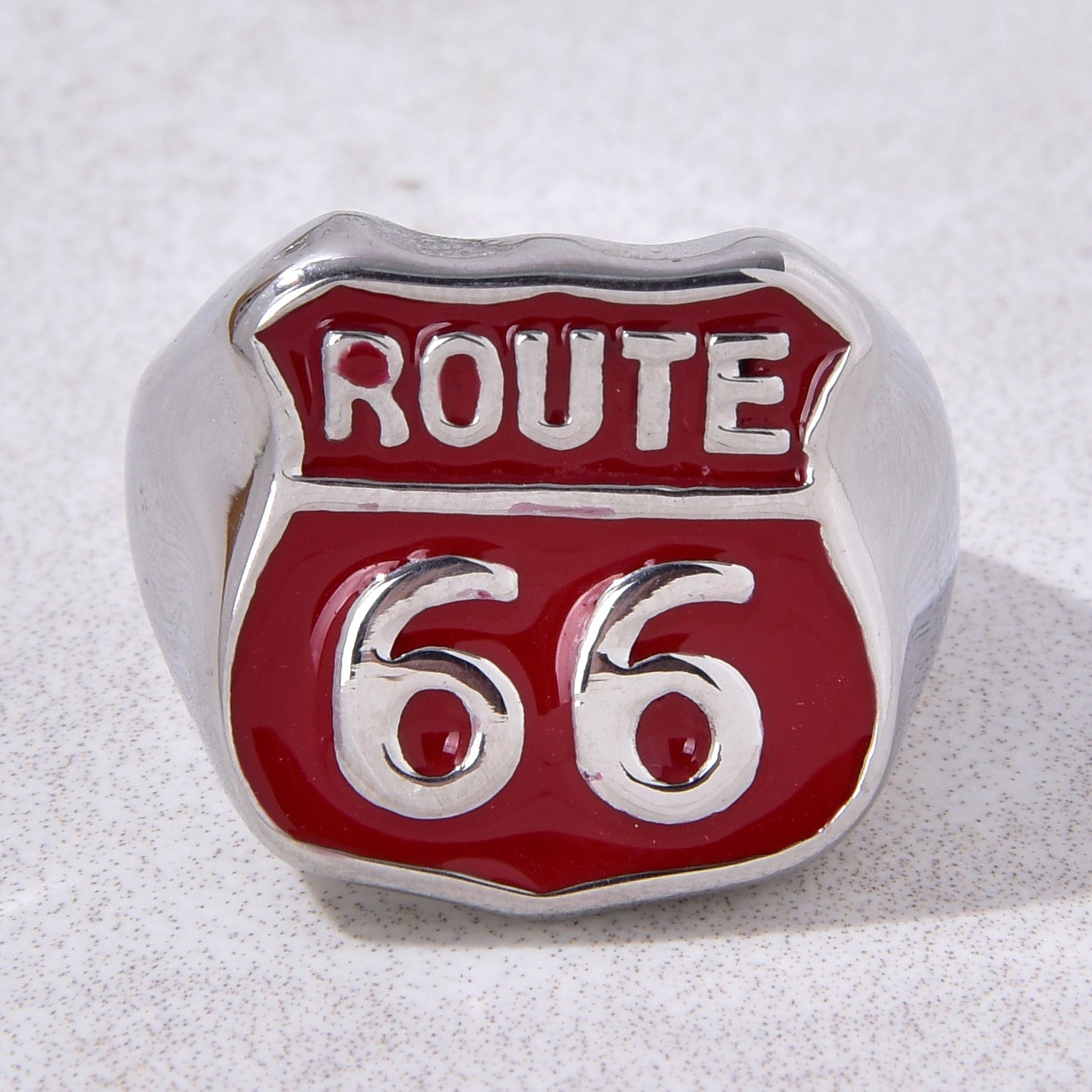 Silver and Red Route 66 Steel Hearts Ring