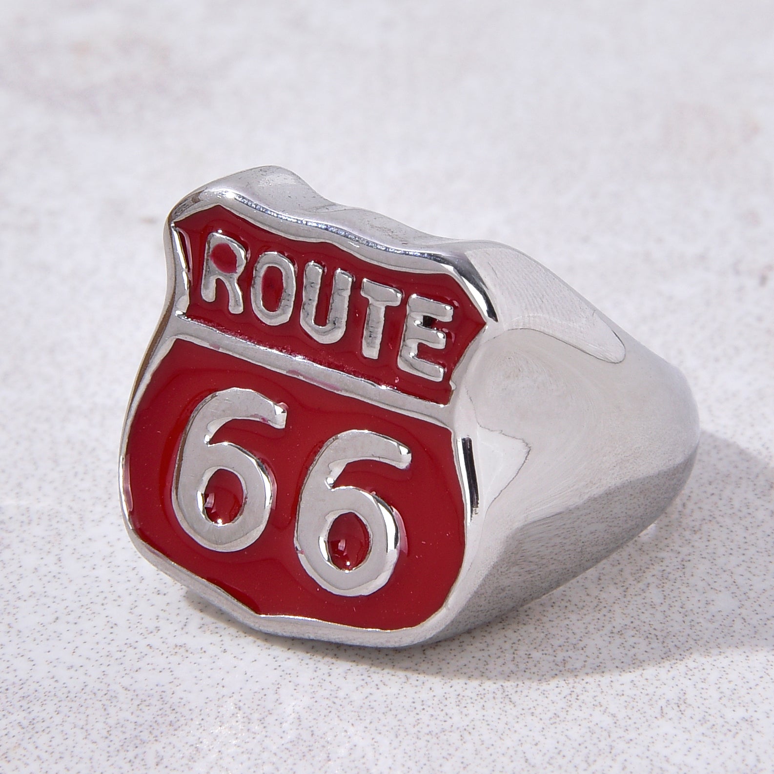 Silver and Red Route 66 Steel Hearts Ring