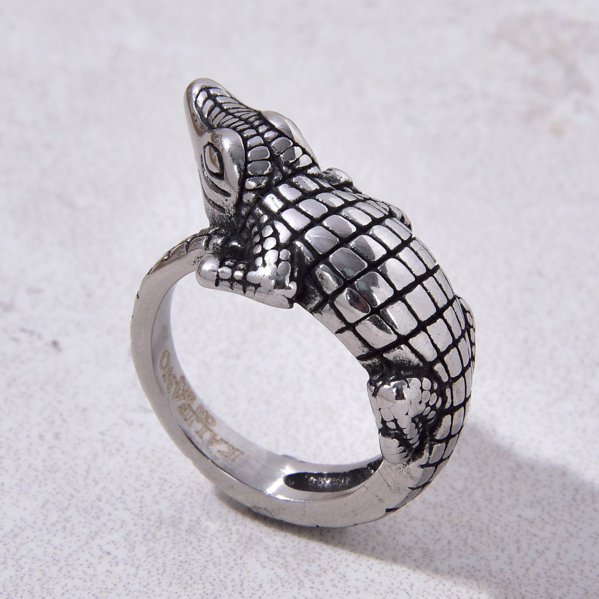 Silver Crocodile Steel Hearts Ring