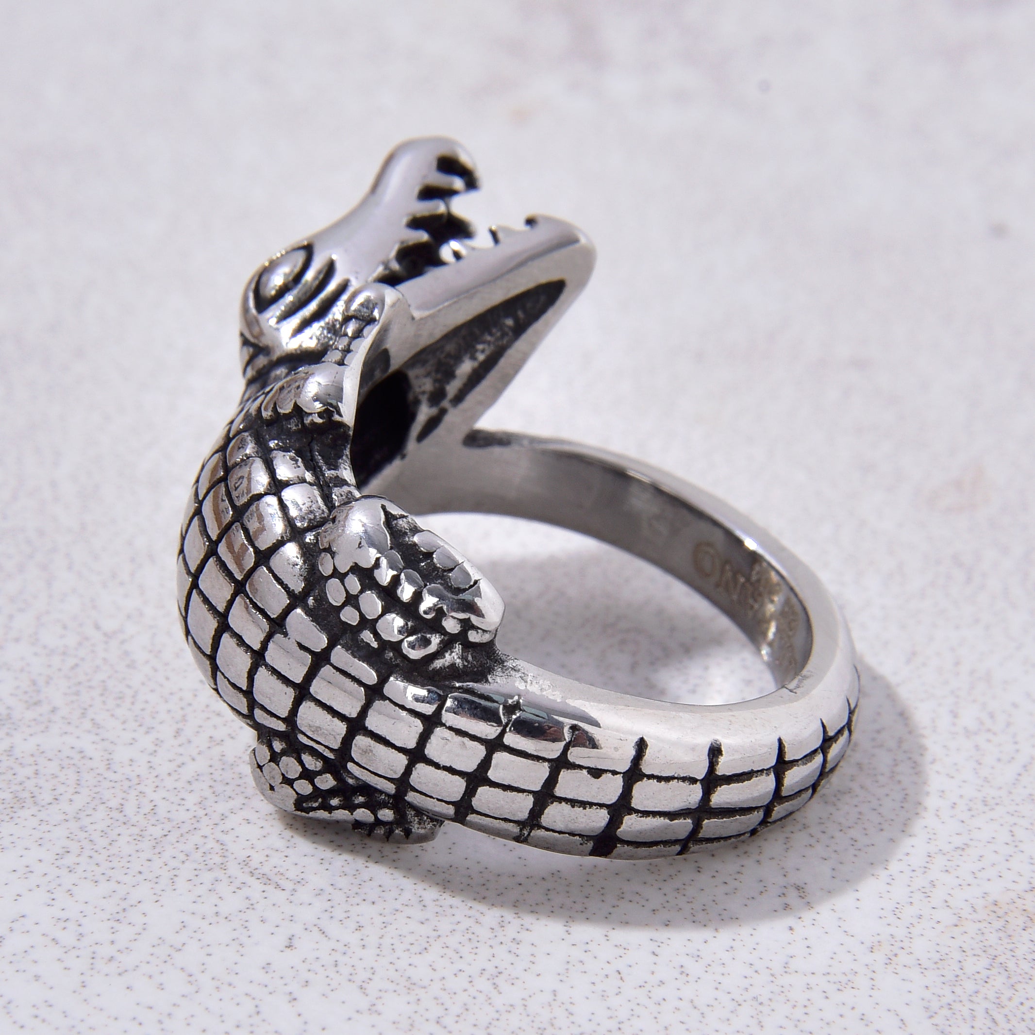 Silver Crocodile Steel Hearts Ring