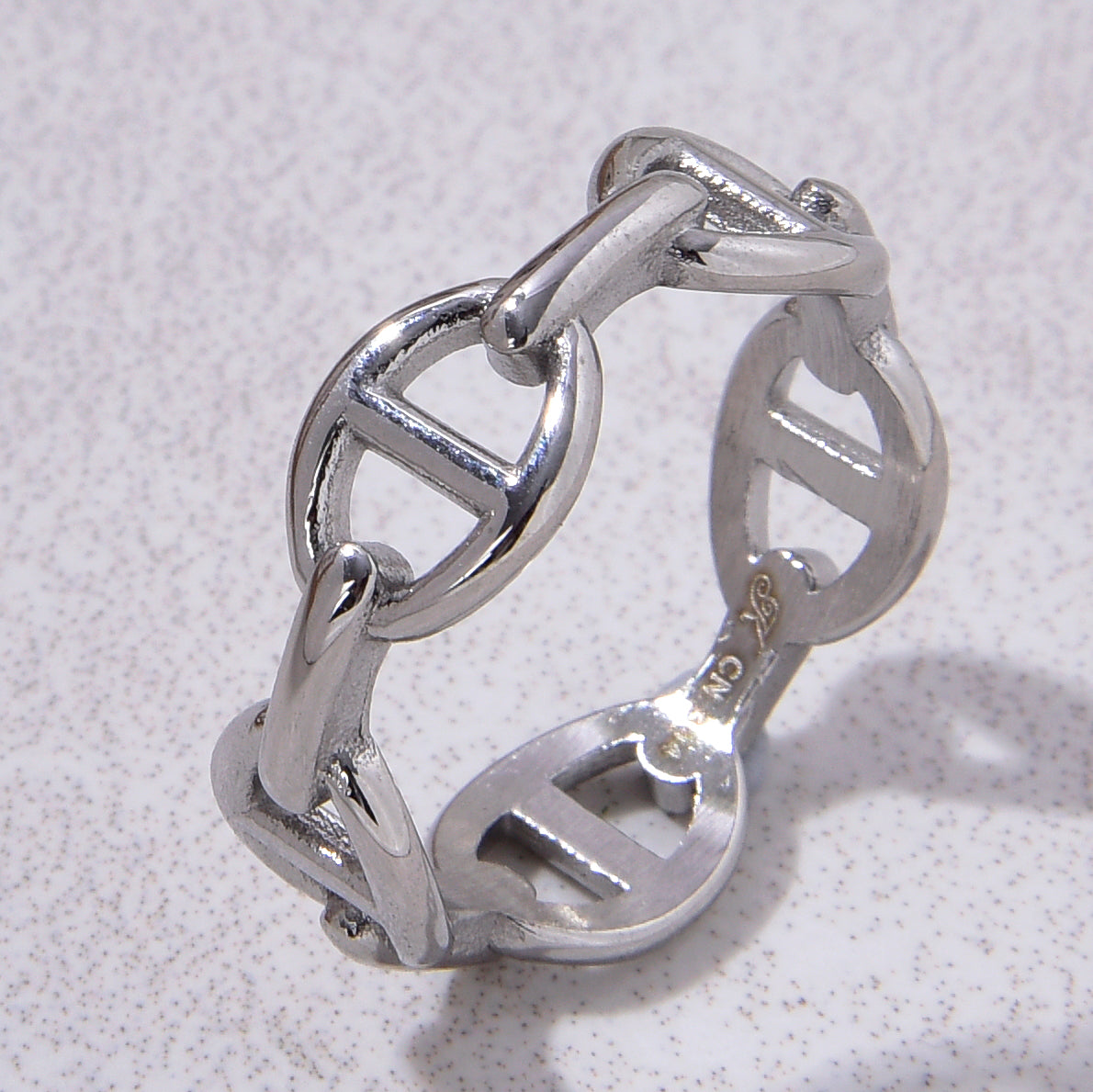 Silver Chain Link Steel Hearts Ring