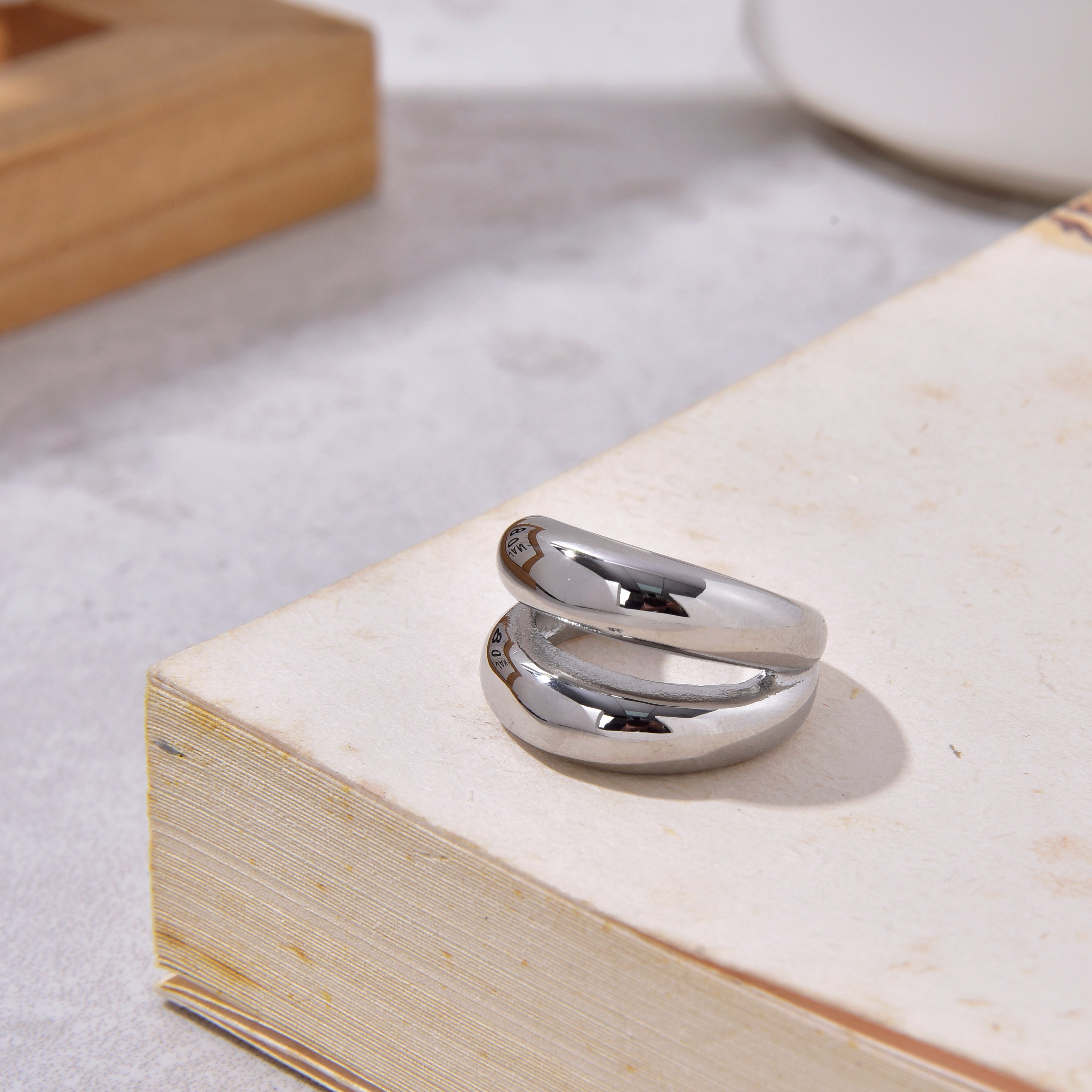 Silver Double Track Steel Hearts Ring