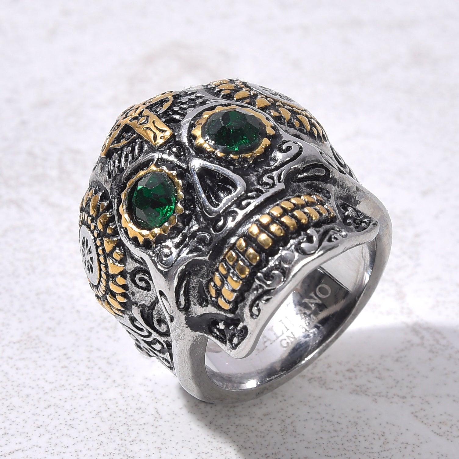 Two Tone Skull with syn Emerald Steel Hearts Ring