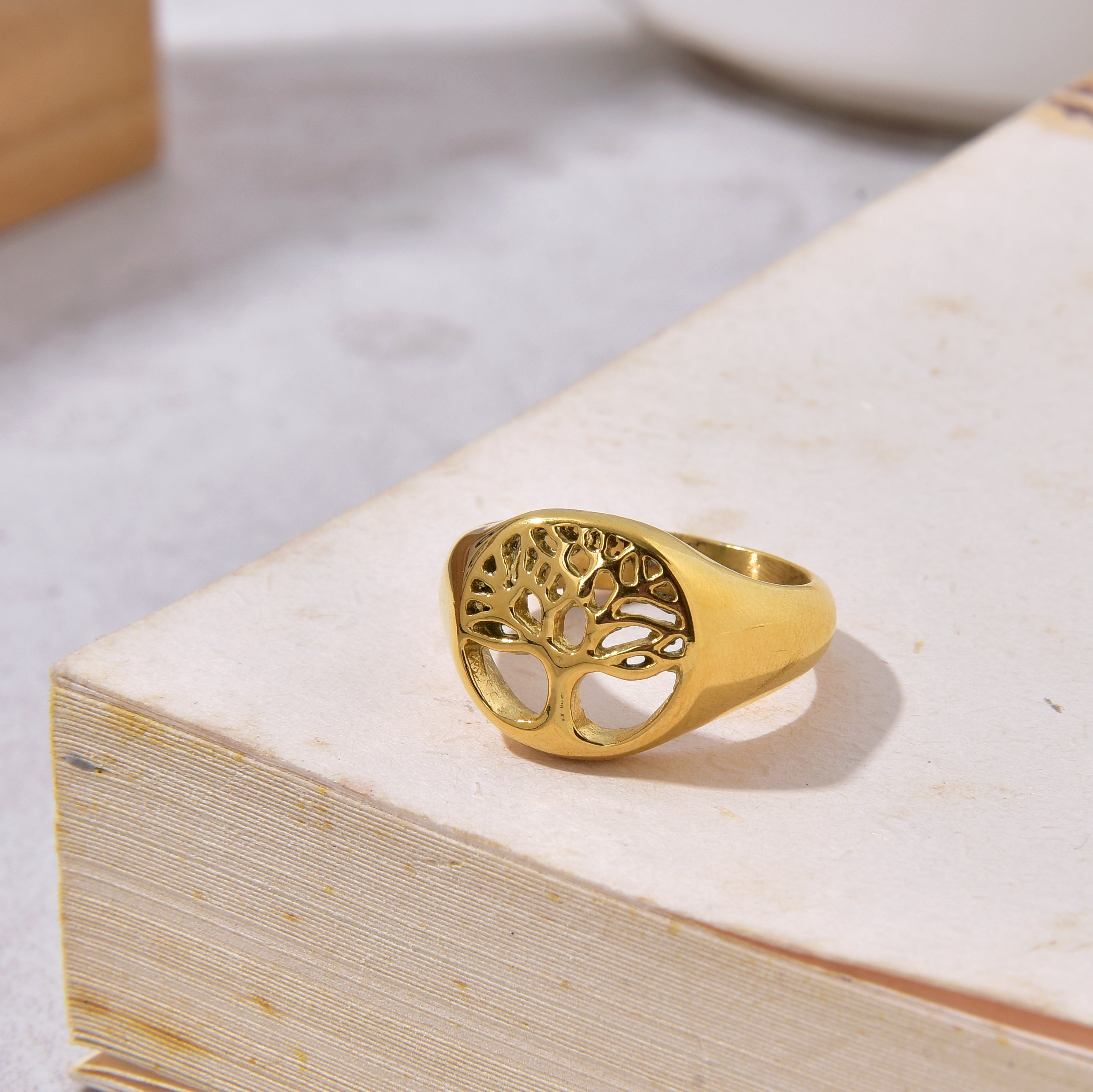 Gold Tree of Life Steel Hearts Ring