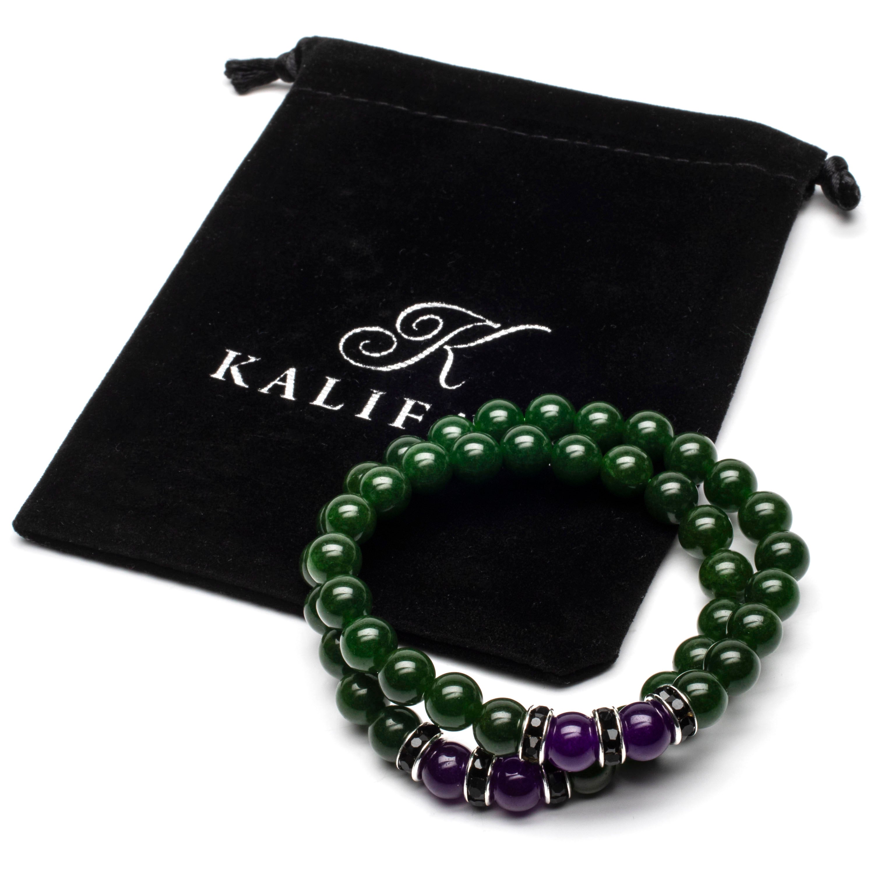 Aventurine  8mm Beads with Amethyst and Black and Silver Accent Beads Double Wrap Elastic Gemstone Bracelet