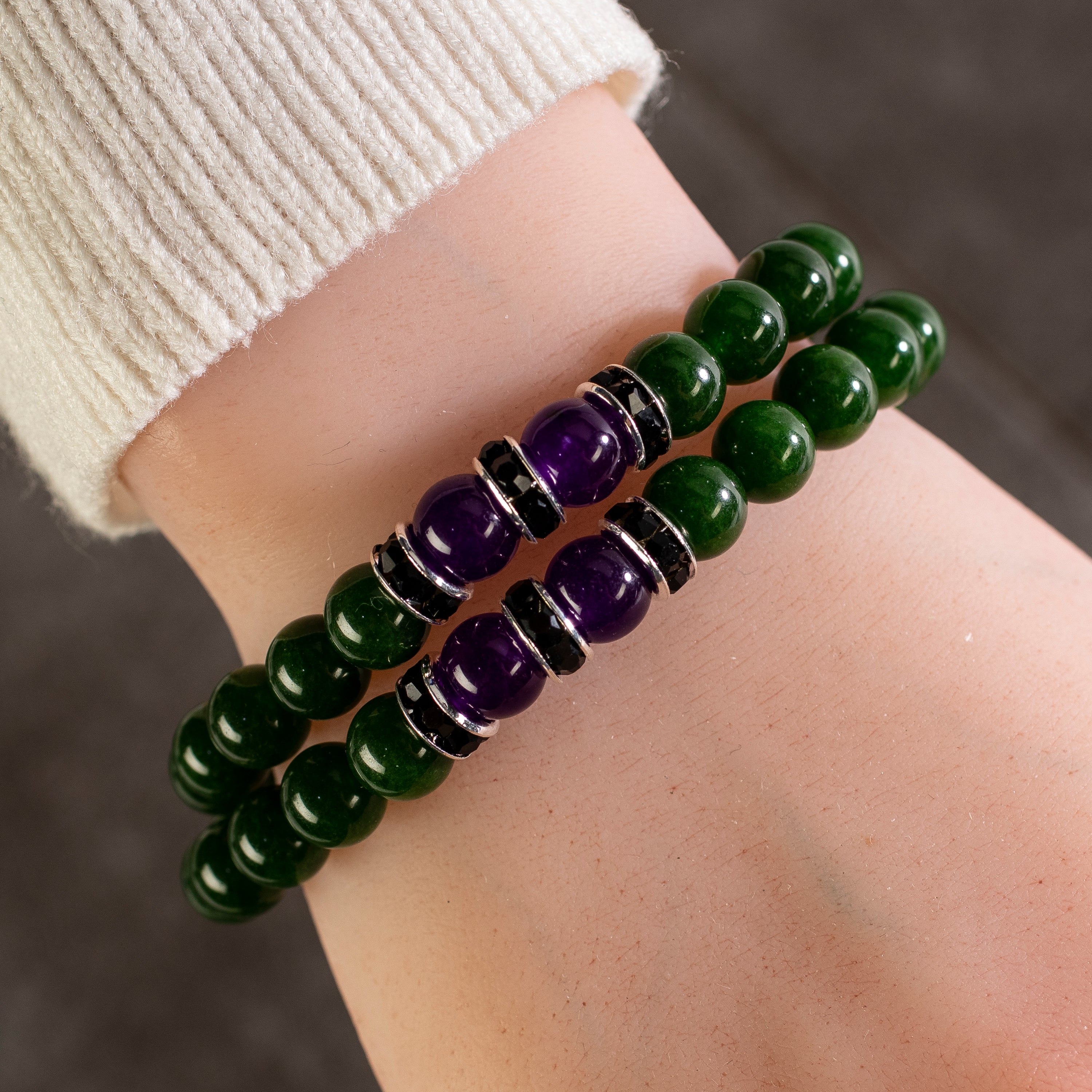Aventurine  8mm Beads with Amethyst and Black and Silver Accent Beads Double Wrap Elastic Gemstone Bracelet