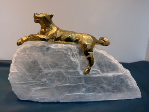 Laying Brass Jaguar on Selenite Base