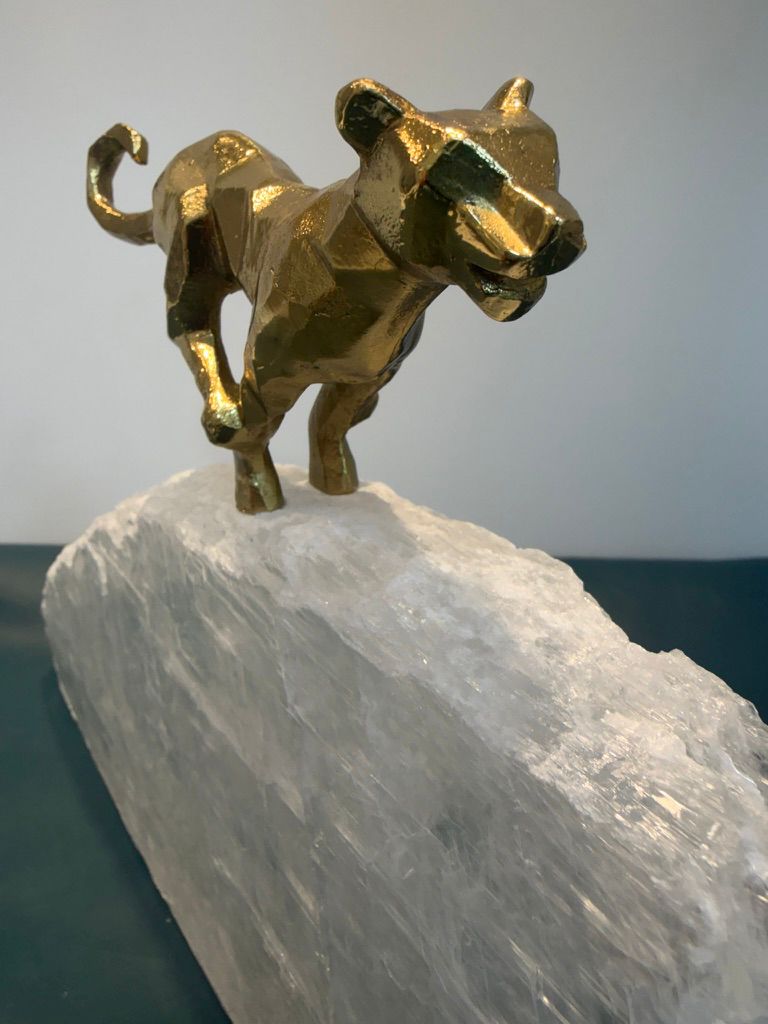 Jumping Brass Jaguar on Selenite Base