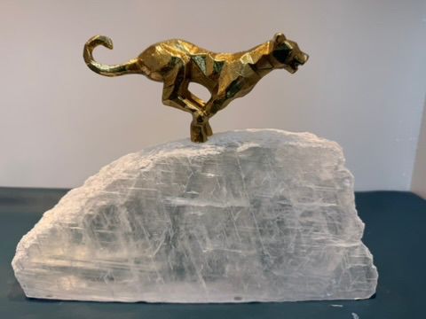 Jumping Brass Jaguar on Selenite Base